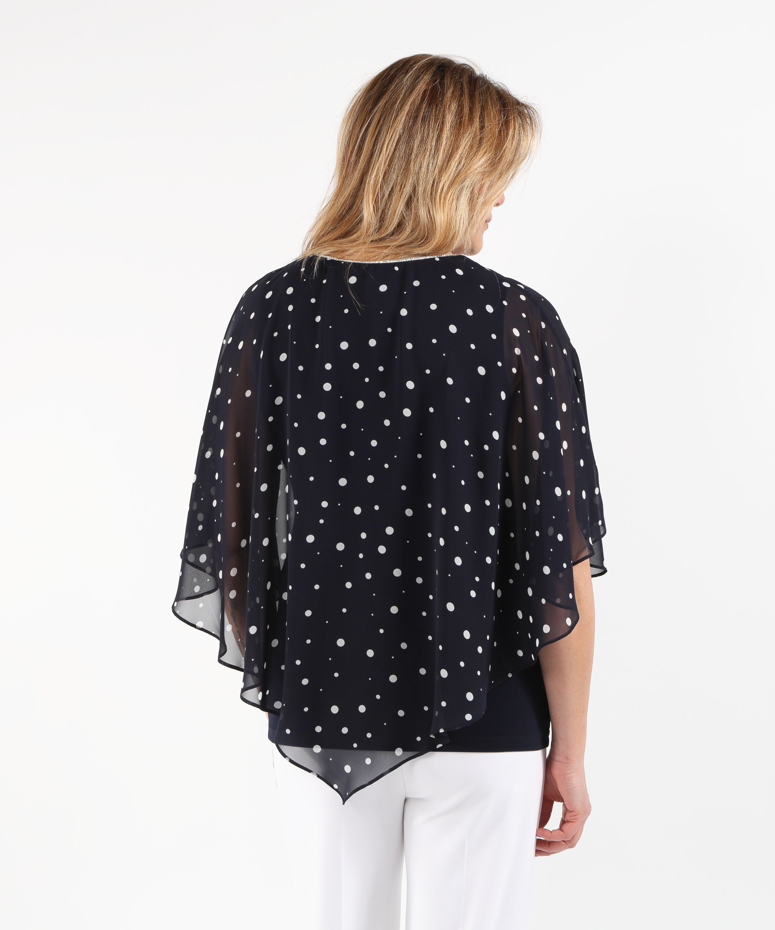 Top RIBKOFF Poncho a pois in maglia effetto seta con finiture in strass Blu/vaniglia | RIBKOFF