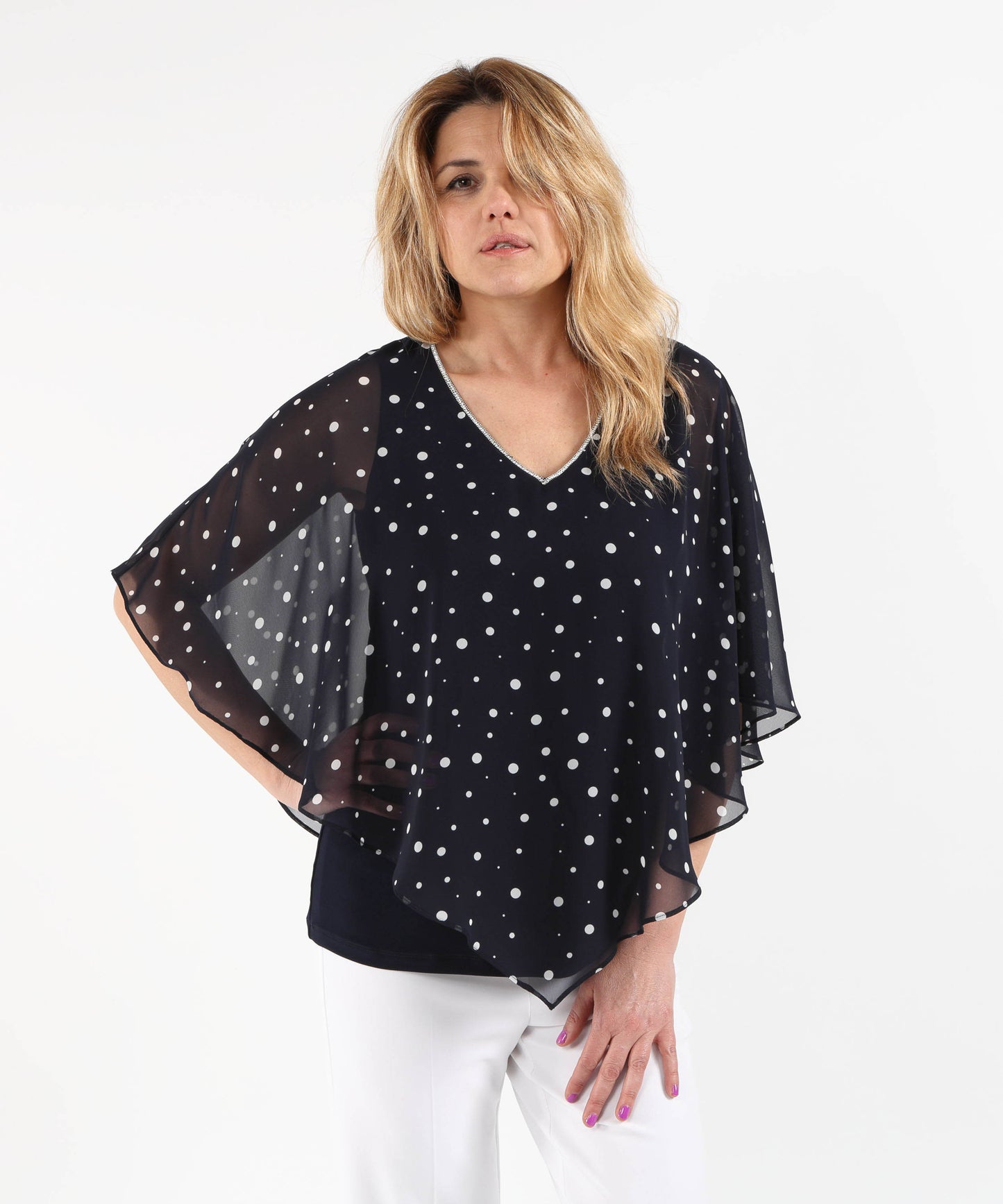 RIBKOFF Silk-Effect Knit Polka Dot Poncho with Rhinestone Trim