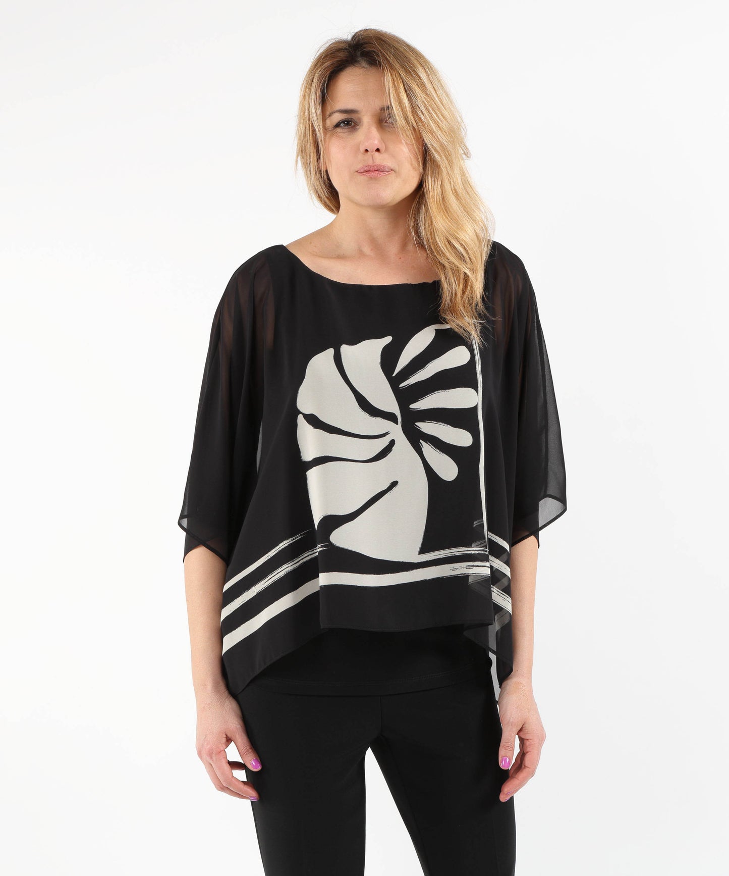RIBKOFF Sheer Poncho Top with Tropical Print and Silk-Effect Knit