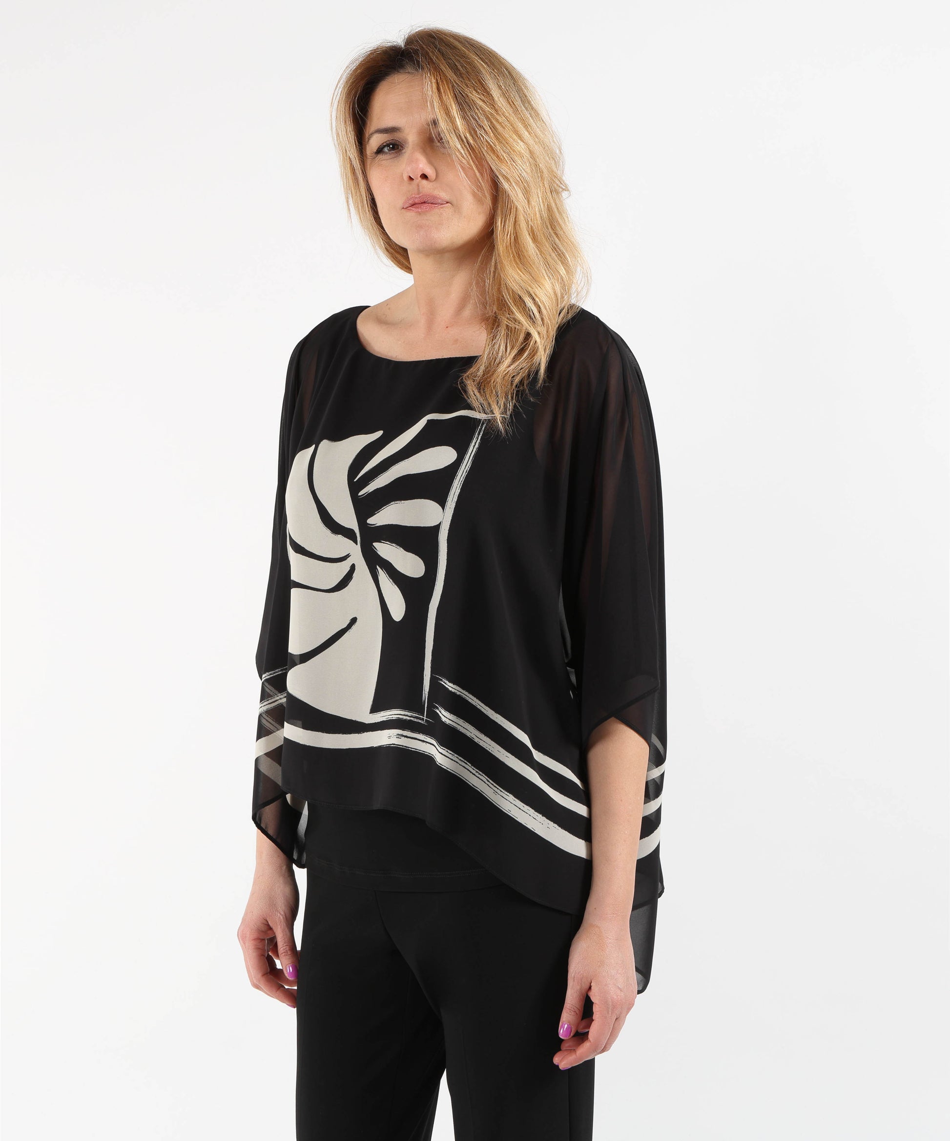 Tops RIBKOFF Sheer Poncho Top with Tropical Print and Silk-Effect Knit Nero/beige | RIBKOFF