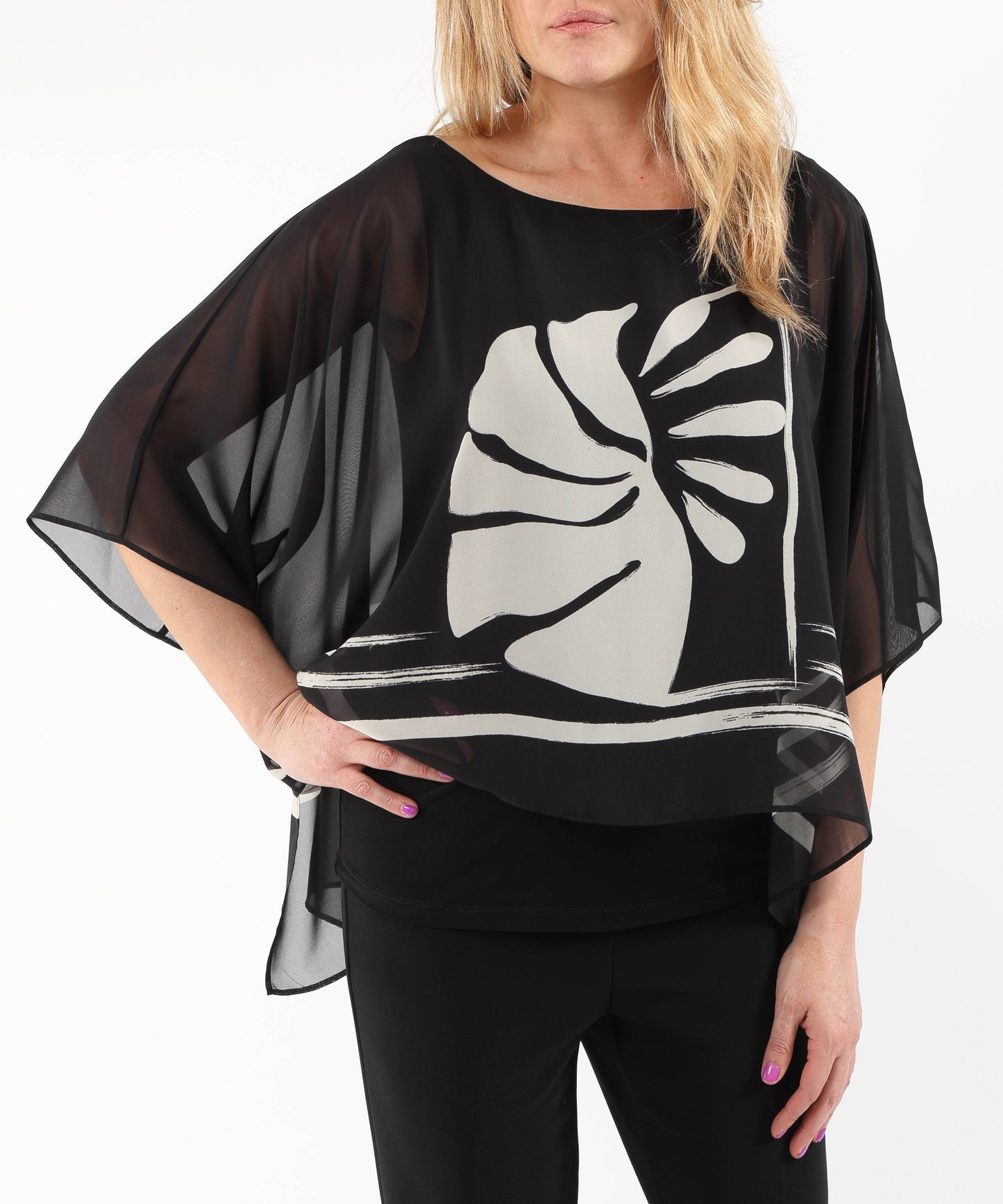 RIBKOFF Sheer Poncho Top with Tropical Print and Silk-Effect Knit
