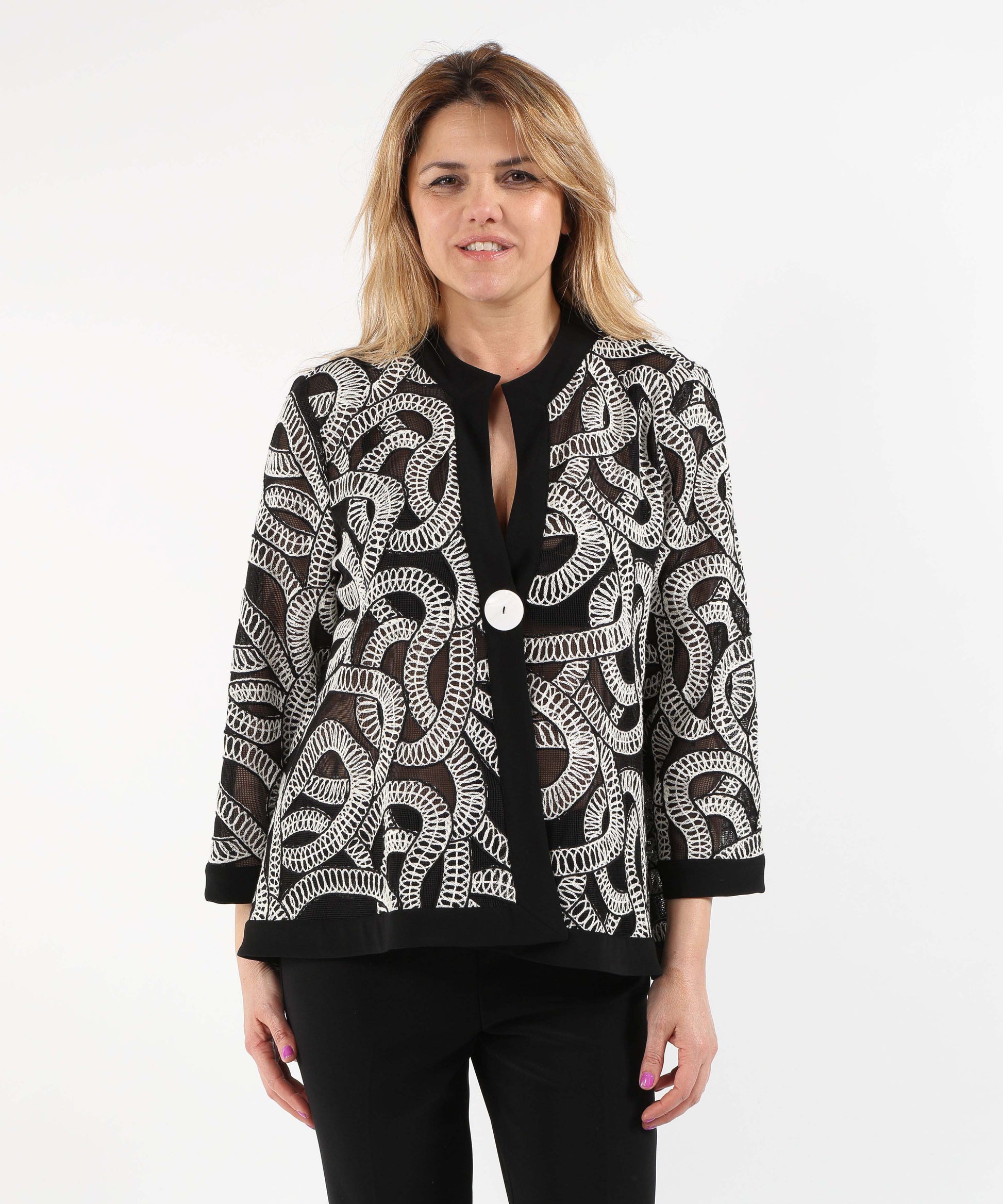 Jackets RIBKOFF Short Flared Jacket in Original Mesh Fabric with Abstract Print Nero/bianco | RIBKOFF