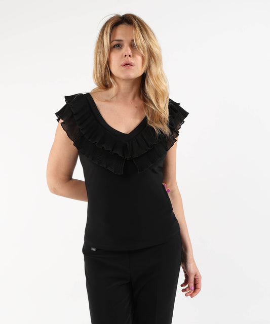 Top RIBKOFF Top aderente in maglia effetto seta e georgette con pieghe Nero | RIBKOFF