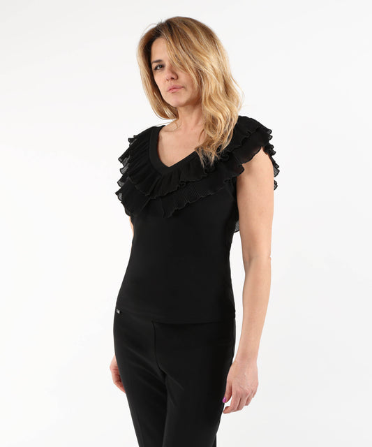 Top RIBKOFF Top aderente in maglia effetto seta e georgette con pieghe Nero | RIBKOFF