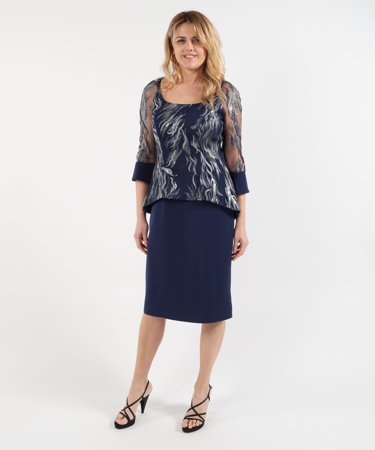 SONIA PENA Knee-Length Dress with Sheer Sleeves”