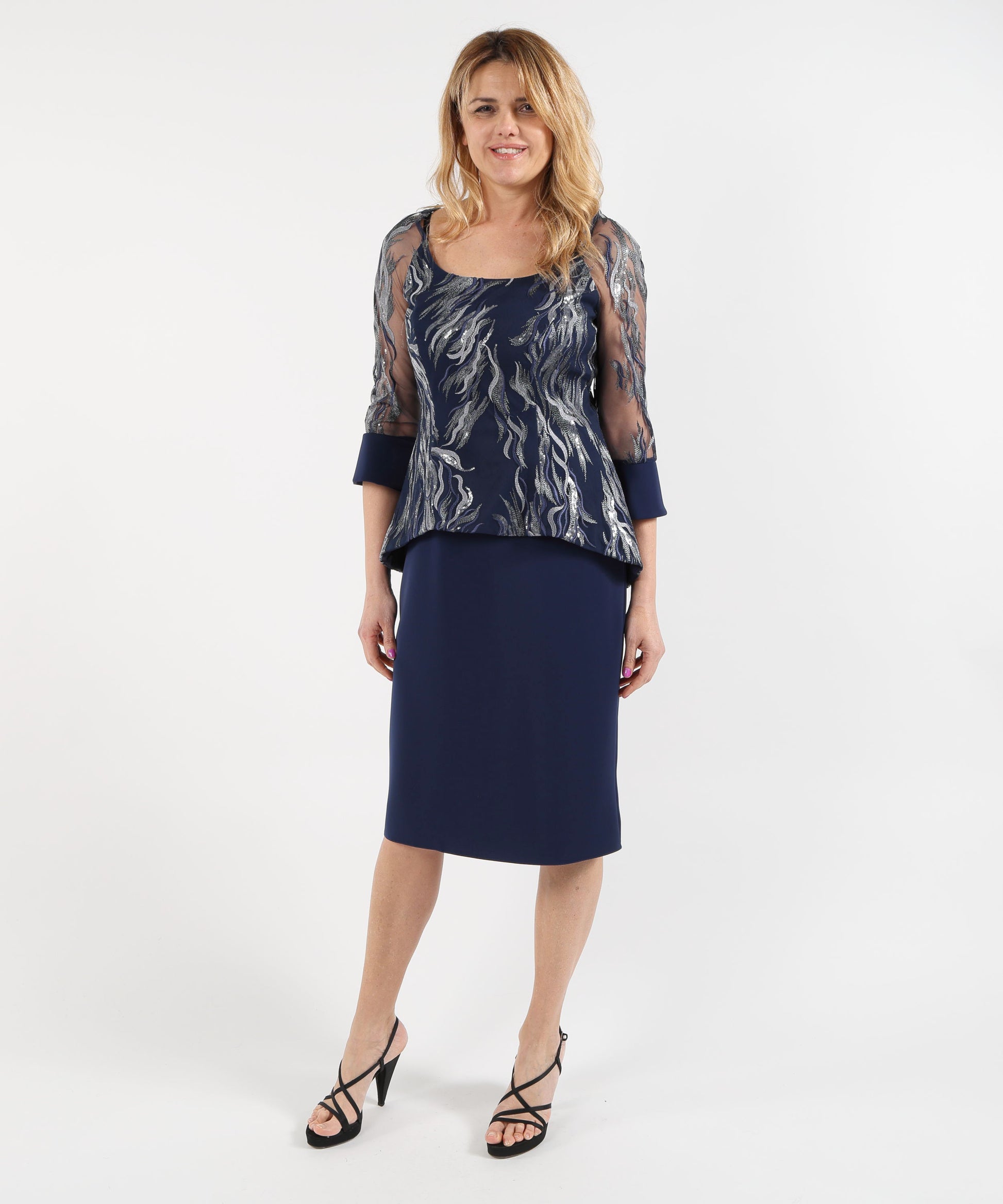 Dresses &amp; Suits SONIA PENA Knee-Length Dress with Sheer Sleeves” Blu notte | SONIA PENA