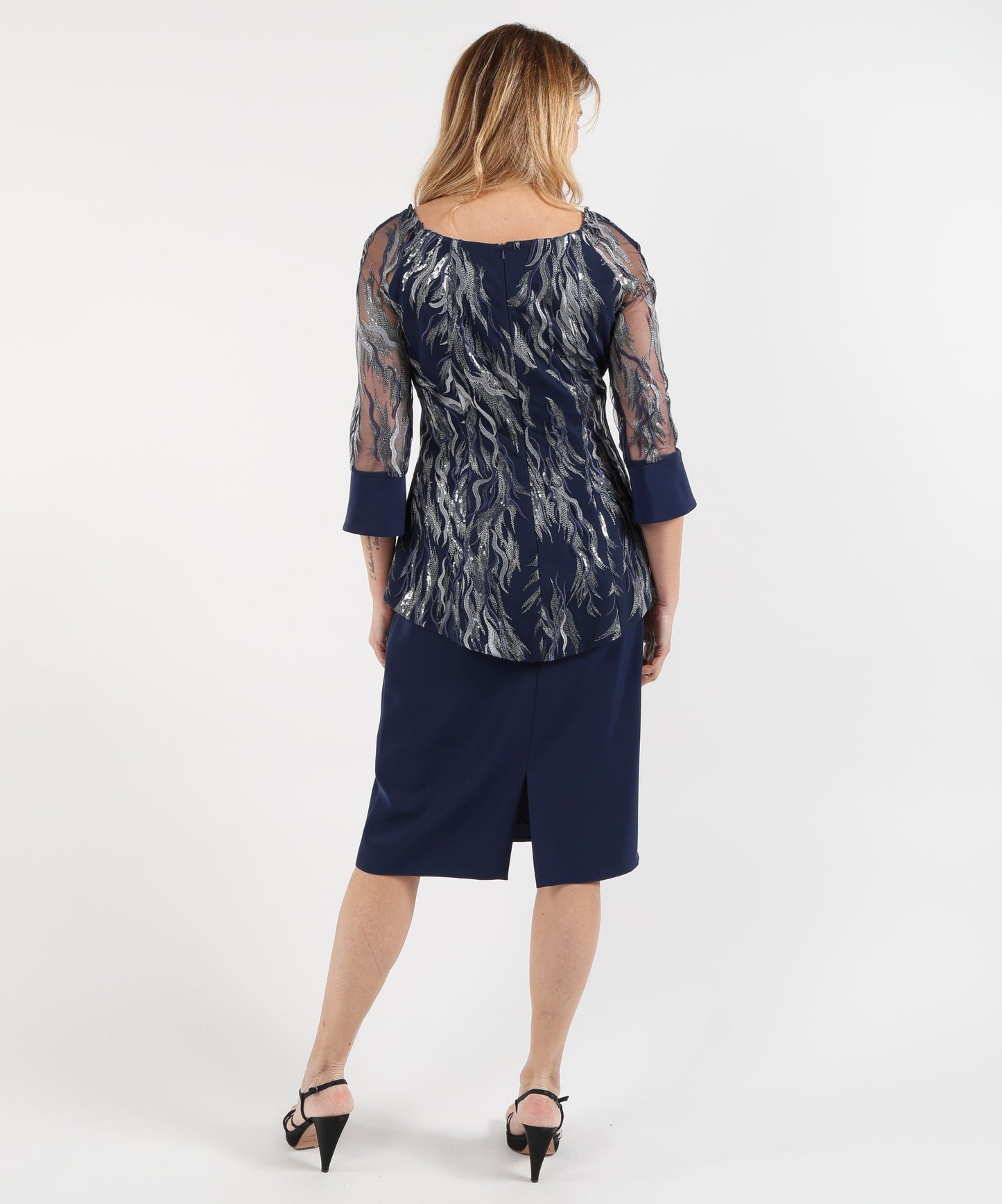 SONIA PENA Knee-Length Dress with Sheer Sleeves”