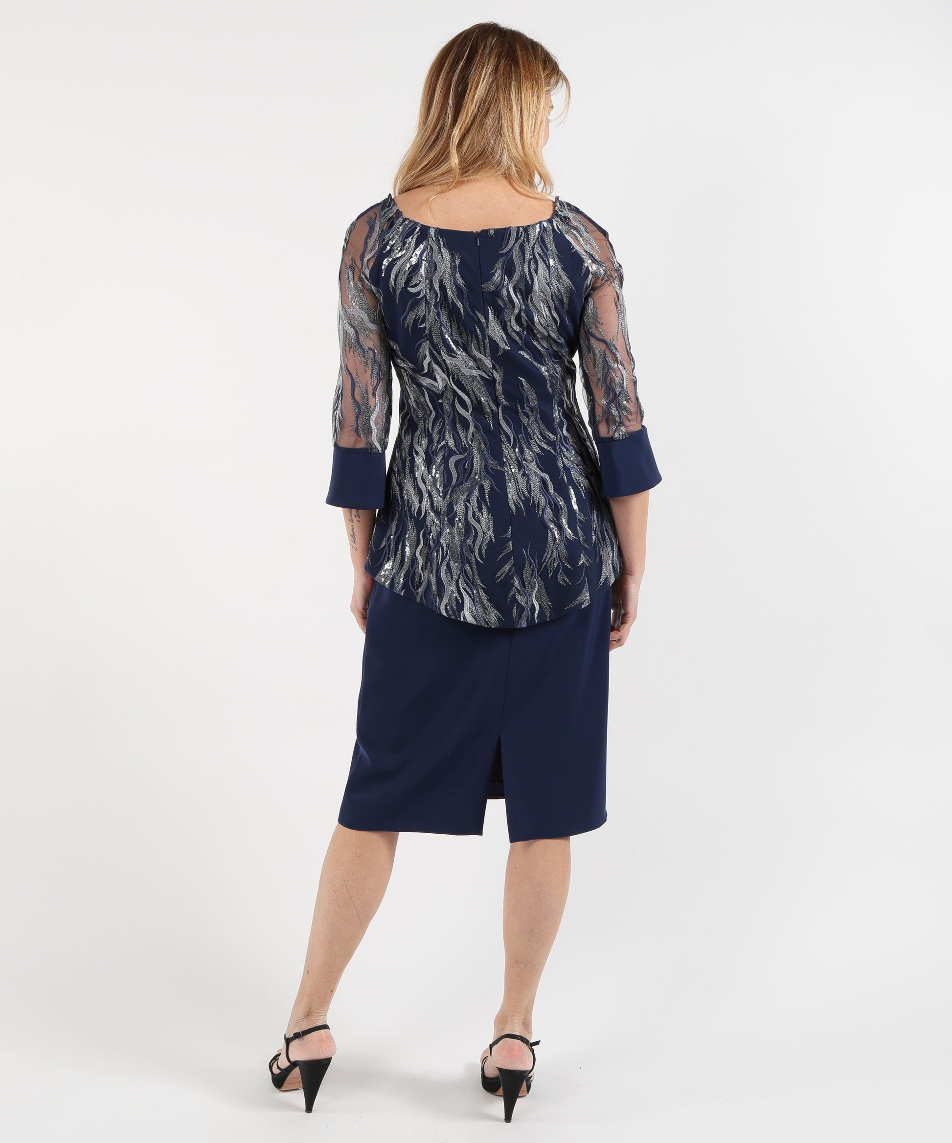 Dresses &amp; Suits SONIA PENA Knee-Length Dress with Sheer Sleeves” Blu notte | SONIA PENA