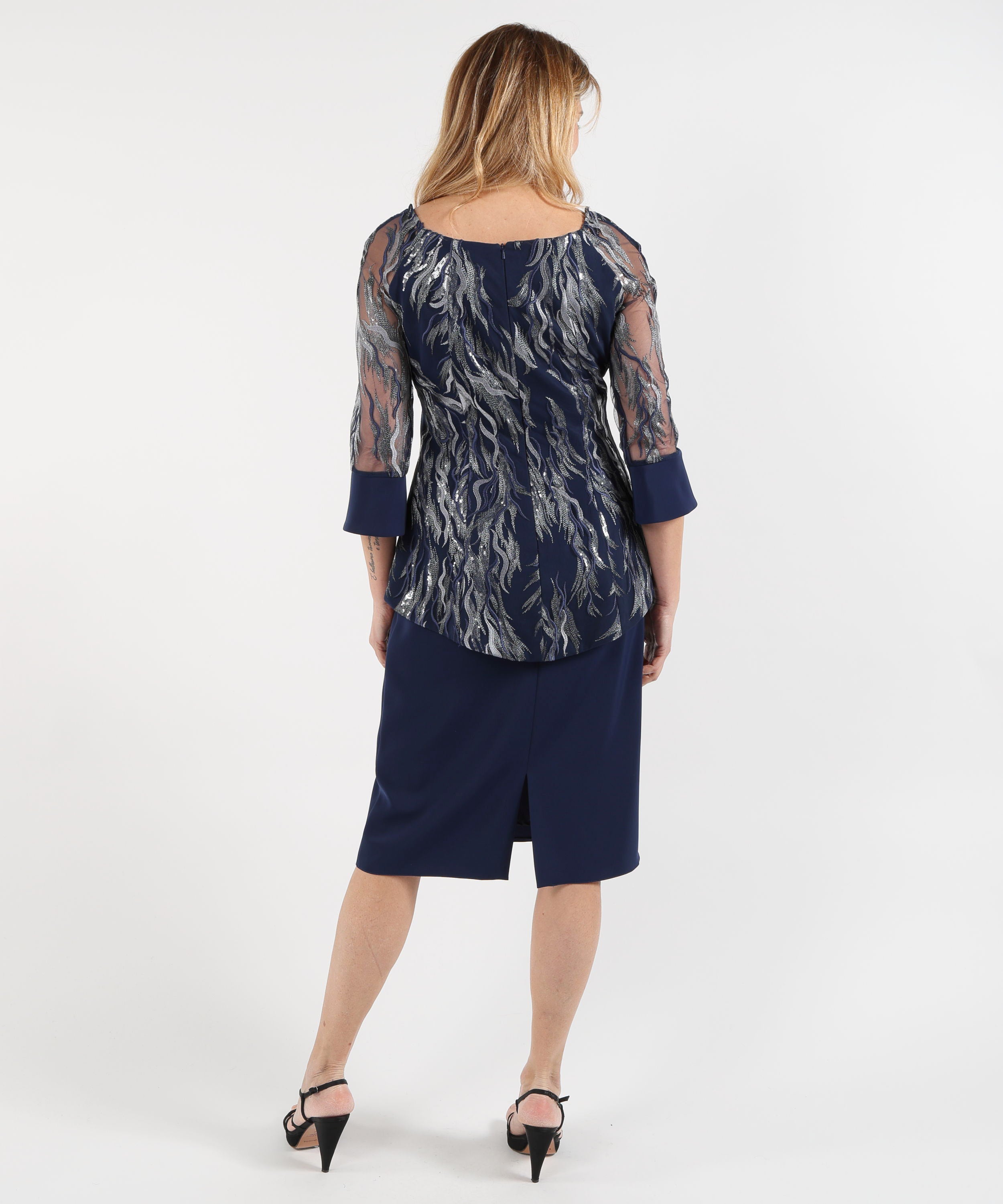 Dresses & Suits SONIA PENA Knee-Length Dress with Sheer Sleeves” Blu notte | SONIA PENA