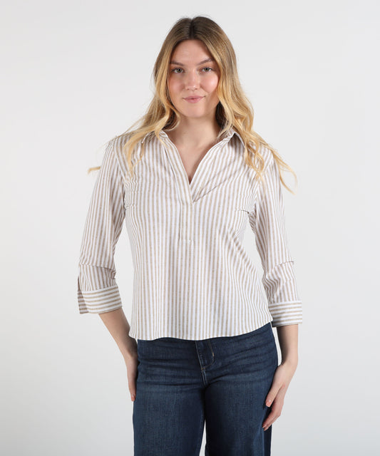 Shirts GHIRARDELLI Women’s Buttonless V-Neck Shirt Rigata beige/bianco | GHIRARDELLI
