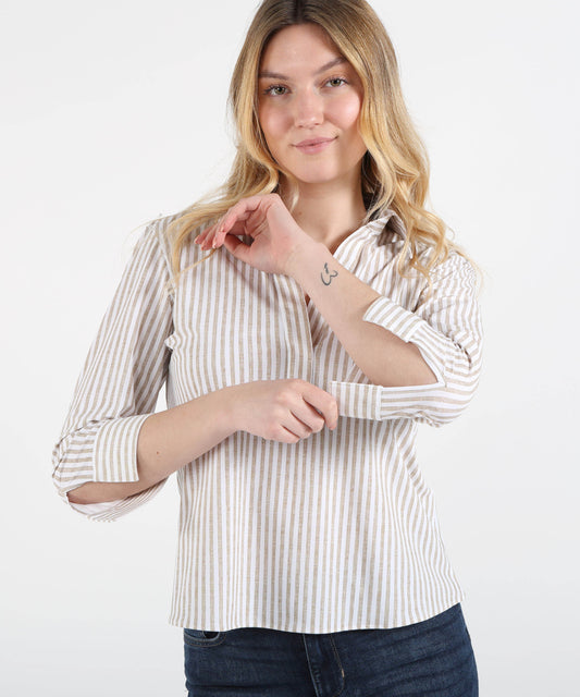 Shirts GHIRARDELLI Women’s Buttonless V-Neck Shirt Rigata beige/bianco | GHIRARDELLI