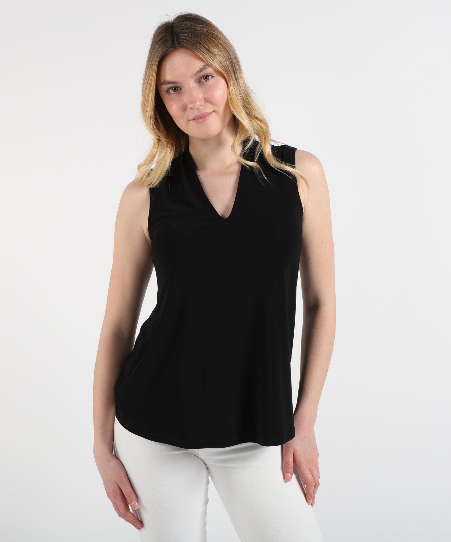 RIBKOFF Sleeveless A-Line Silk-Effect Knit V-Neck Top
