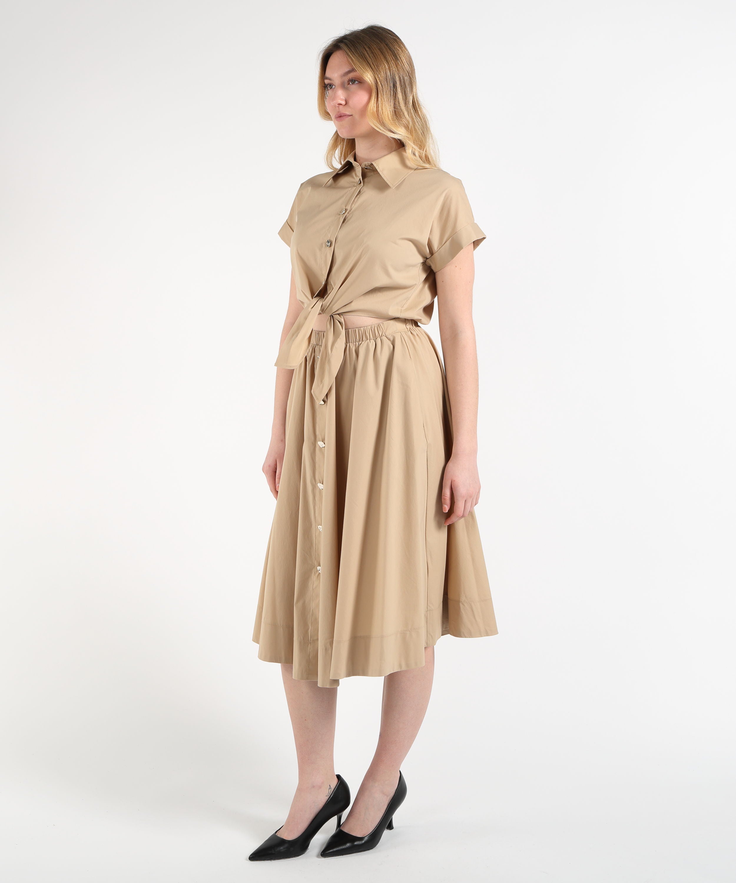 Dresses & Suits LIUJO BLACK Long Poplin Shirt Dress with Cut-Out Beige | LIUJO BLACK