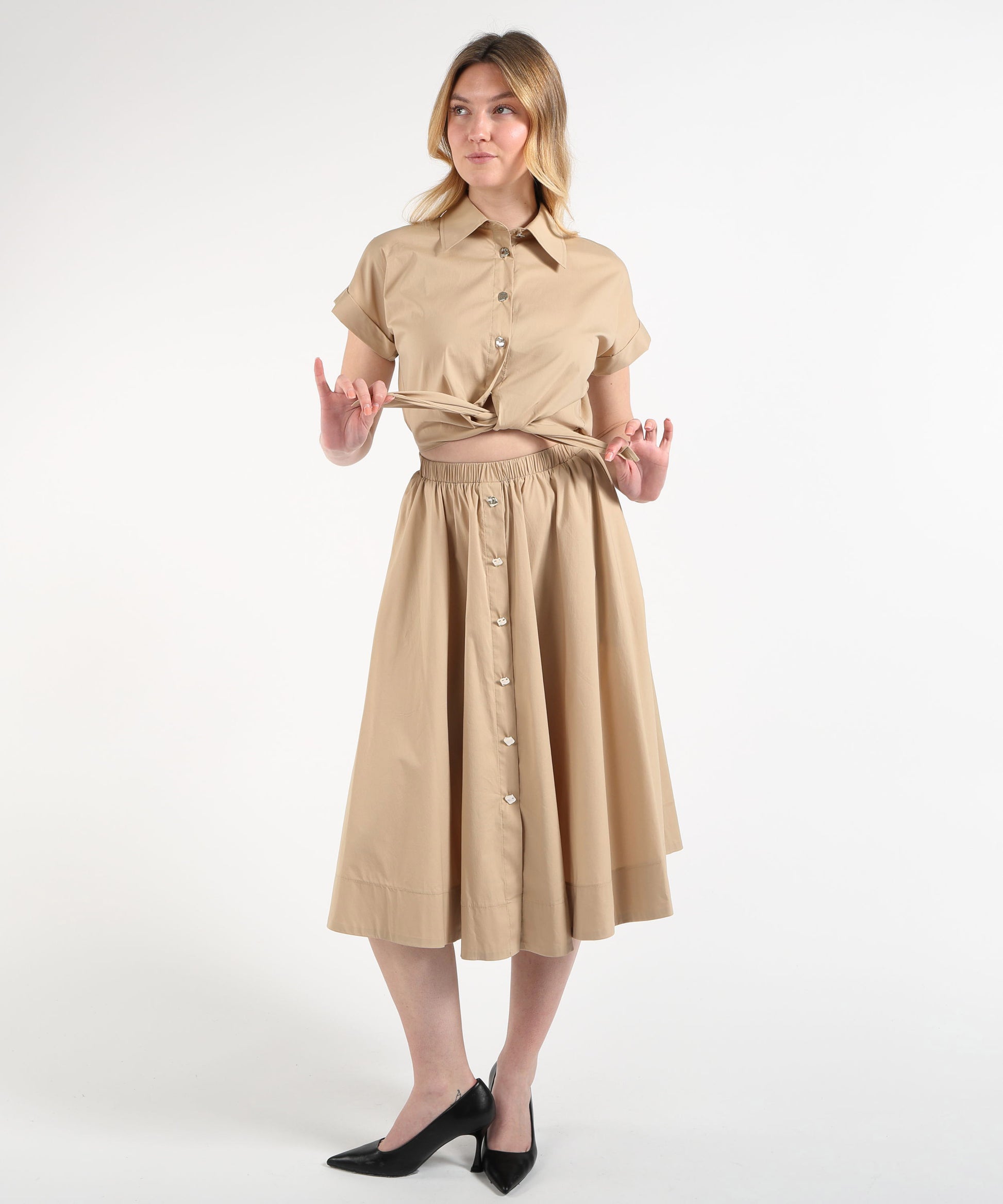 Abiti LIUJO BLACK Chemisier Lungo in Popeline con Cut-Out Beige | LIUJO BLACK