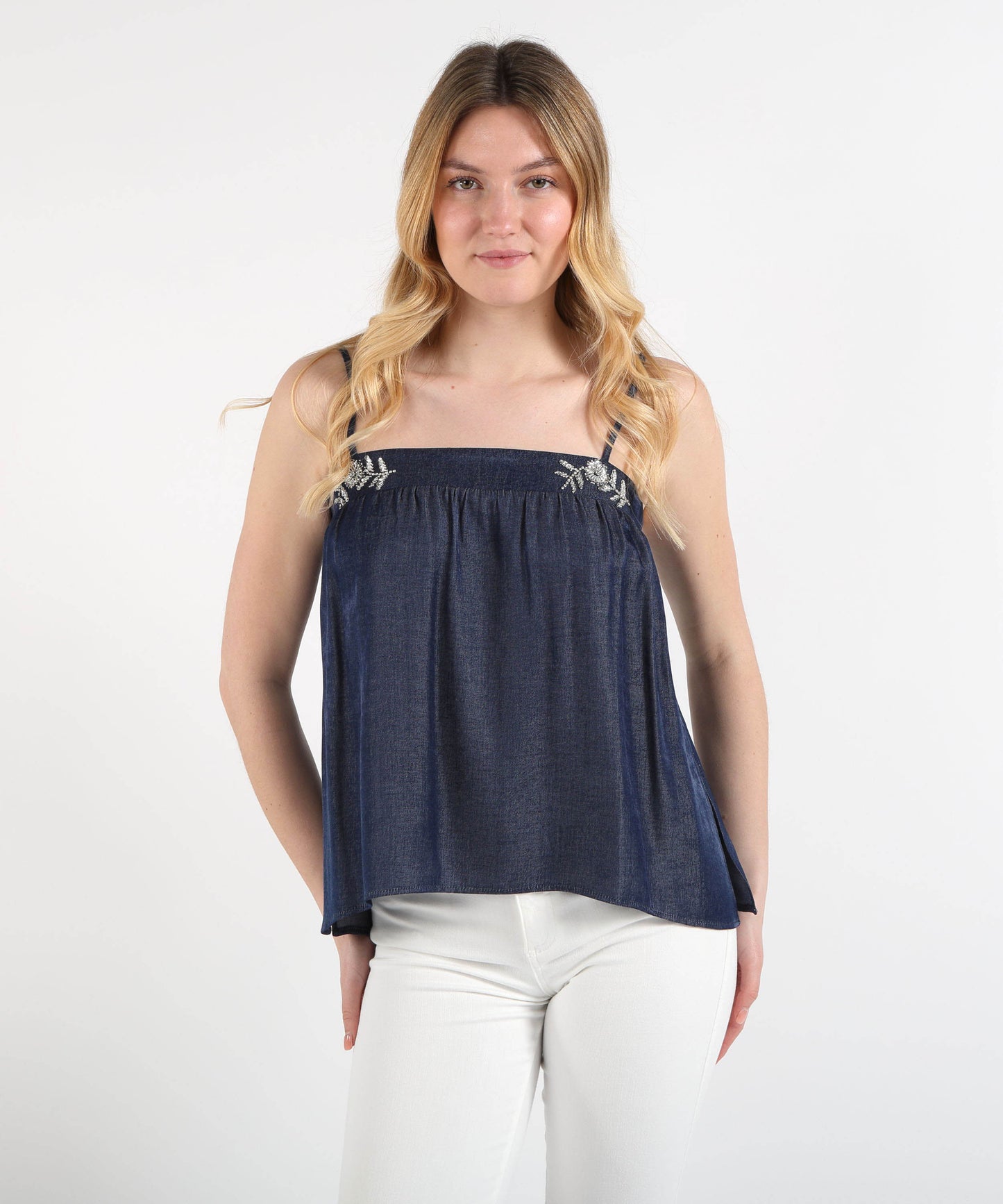 LIUJO denim Top in Denim Chambray con Ricami Gioiello