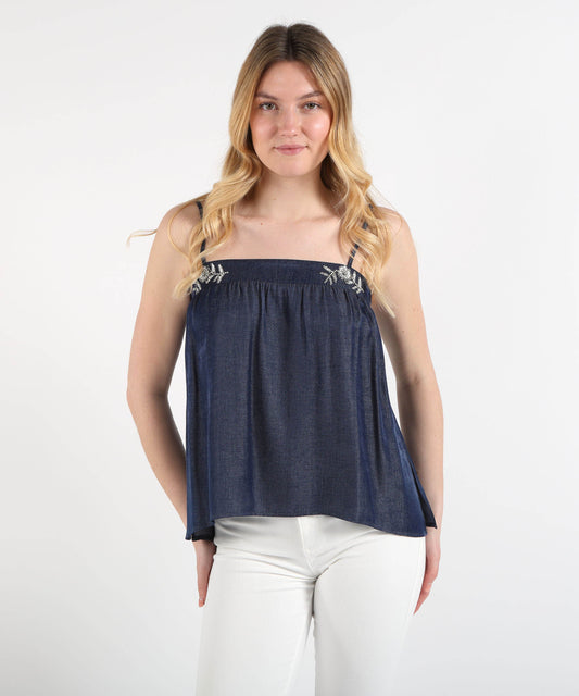 Top LIUJO denim Top in Denim Chambray con Ricami Gioiello Denim | LIUJO denim