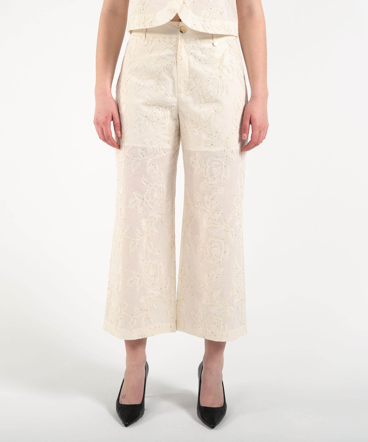 LIUJO WHITE Pantaloni in mussola ricamati con micro paillettes