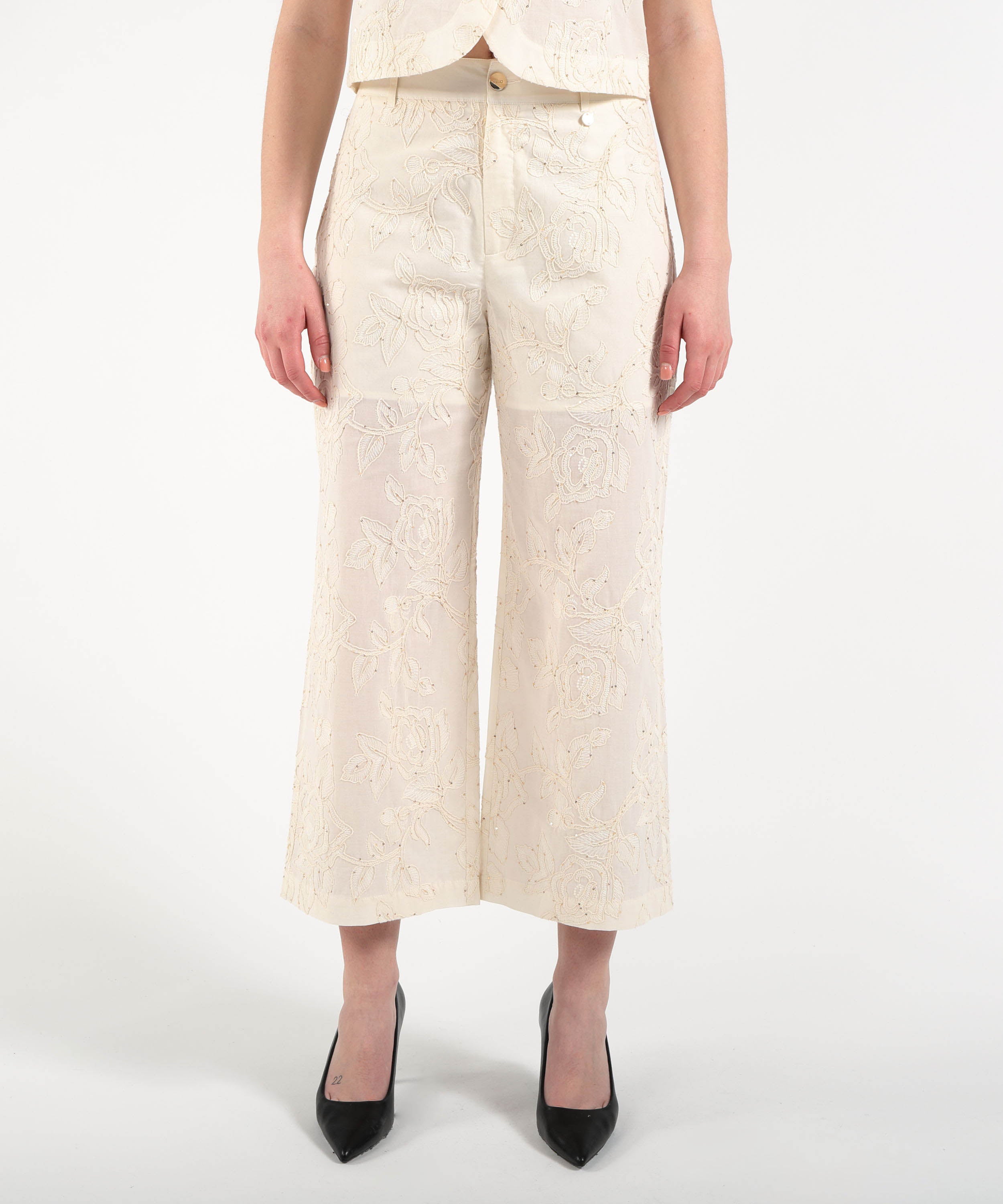 Trousers LIUJO WHITE Embroidered Muslin Pants with Micro Sequins Naturale | LIUJO WHITE
