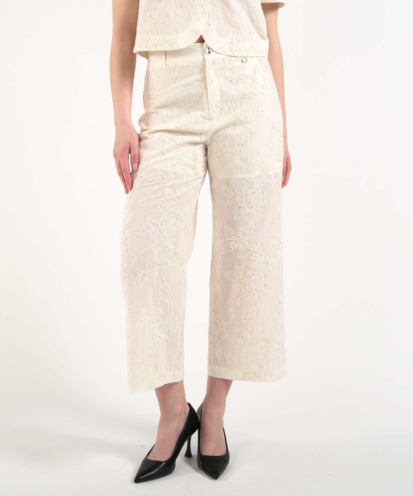 LIUJO WHITE Pantaloni in mussola ricamati con micro paillettes