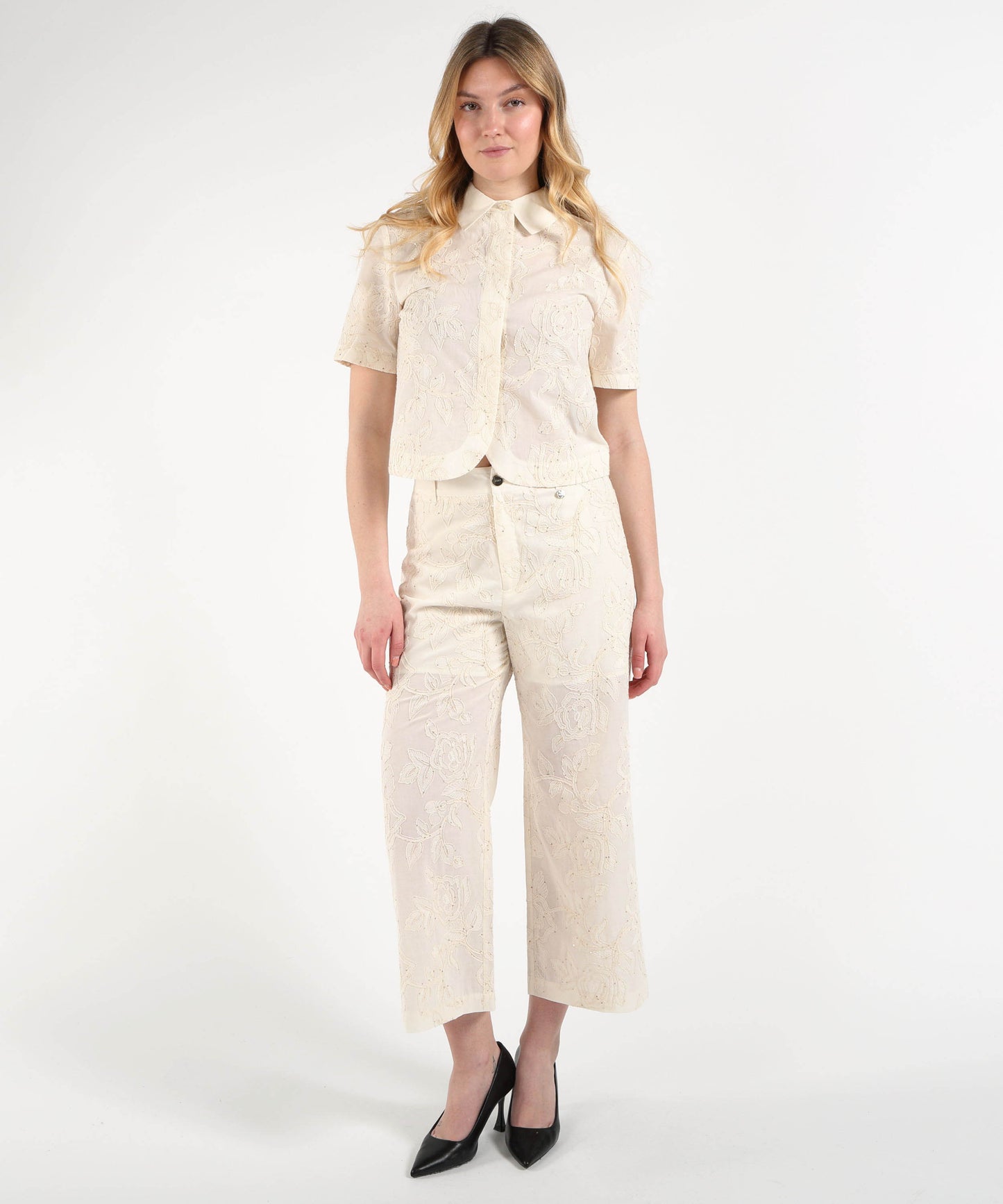 LIUJO WHITE Pantaloni in mussola ricamati con micro paillettes