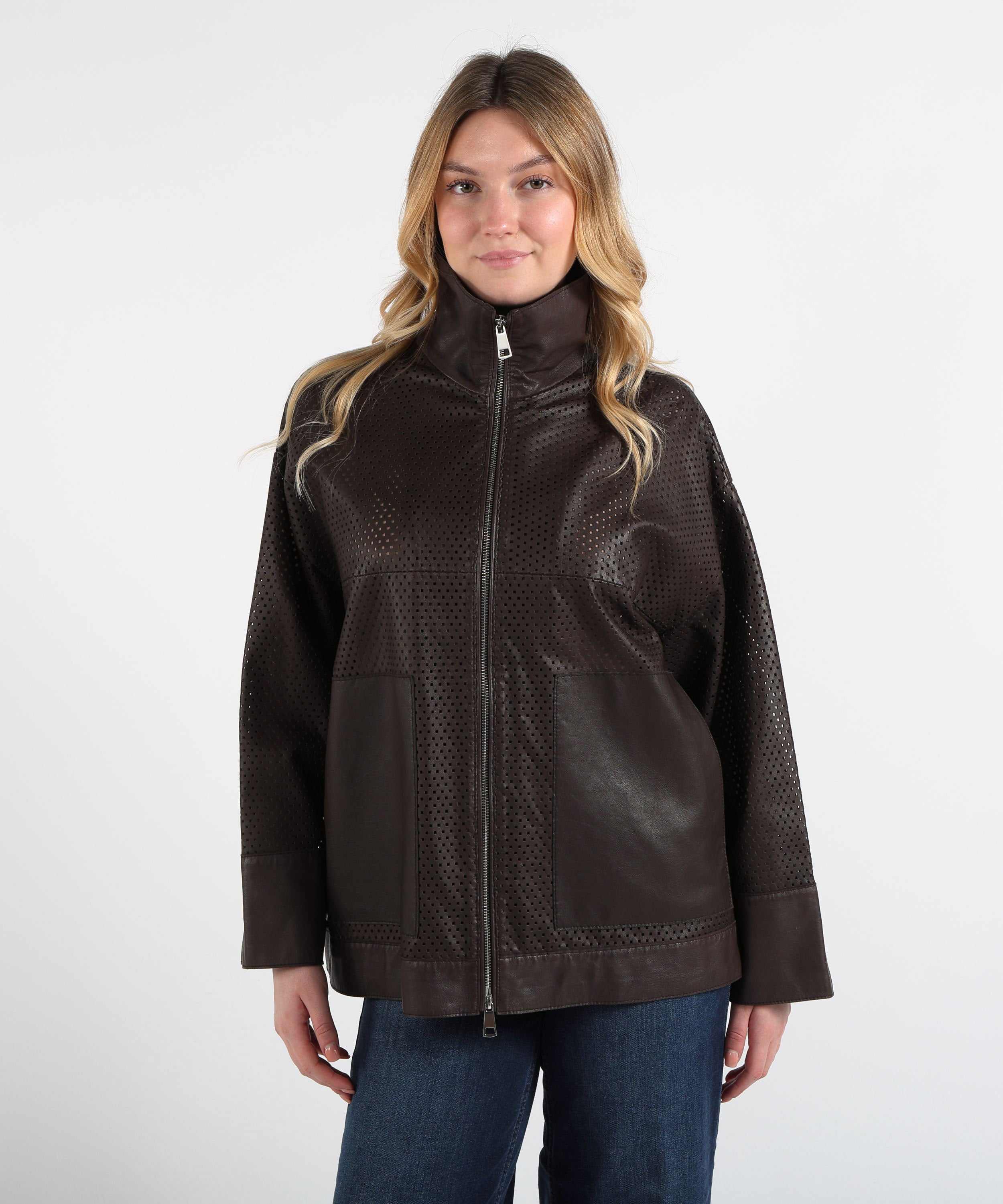 Giacche THE JACKIE LEATHERS Giacca con Lavorazione Traforata e Profili in Pelle Marrone scuro | THE JACKIE LEATHERS