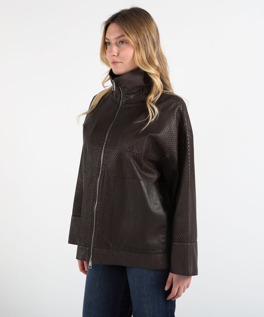 Giacche THE JACKIE LEATHERS Giacca con Lavorazione Traforata e Profili in Pelle Marrone scuro | THE JACKIE LEATHERS