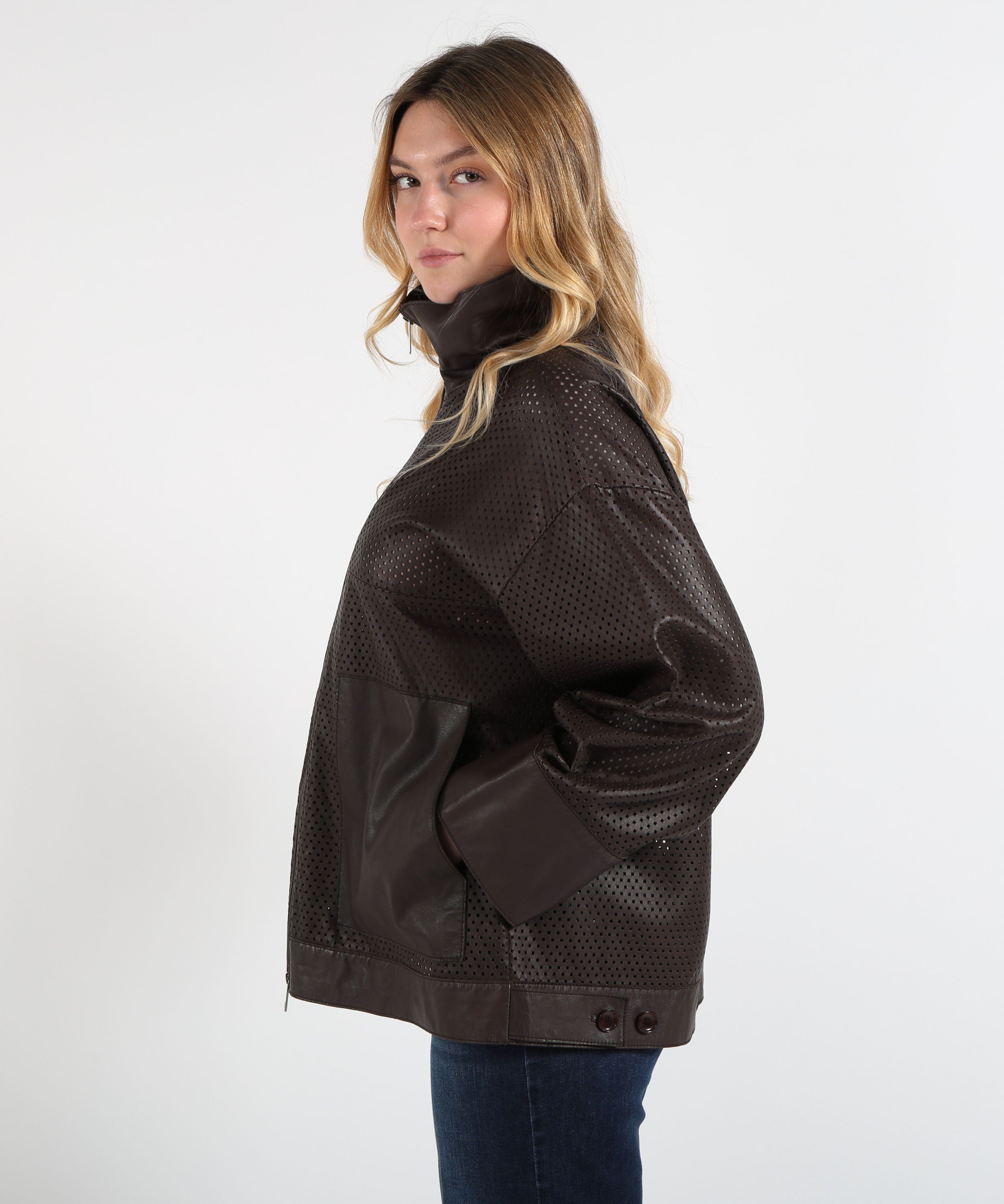 Giacche THE JACKIE LEATHERS Giacca con Lavorazione Traforata e Profili in Pelle Marrone scuro | THE JACKIE LEATHERS
