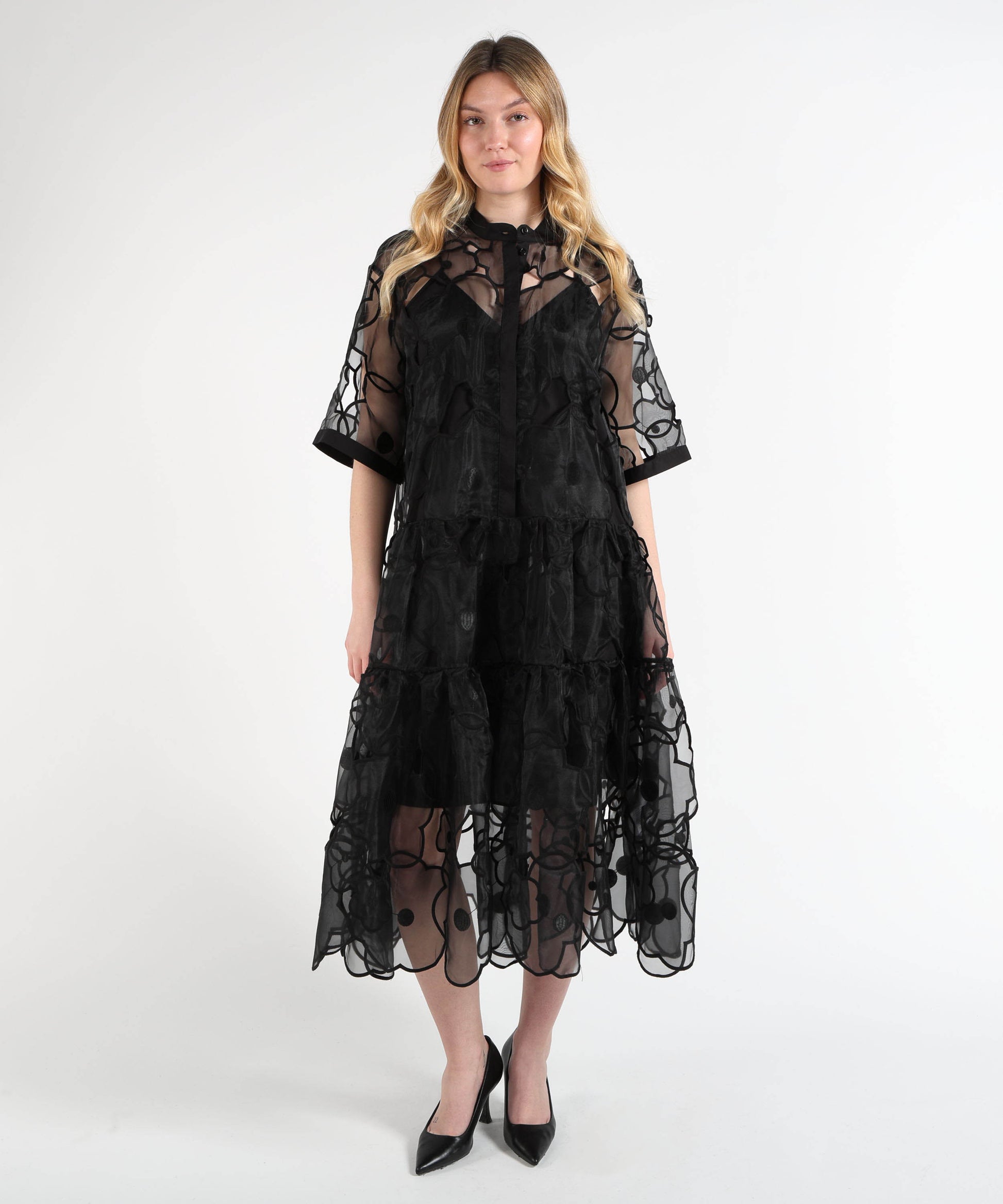 Dresses &amp; Suits MEIMEI Double-Layer Midi Dress with Floral Embroidery Nero | MEIMEI
