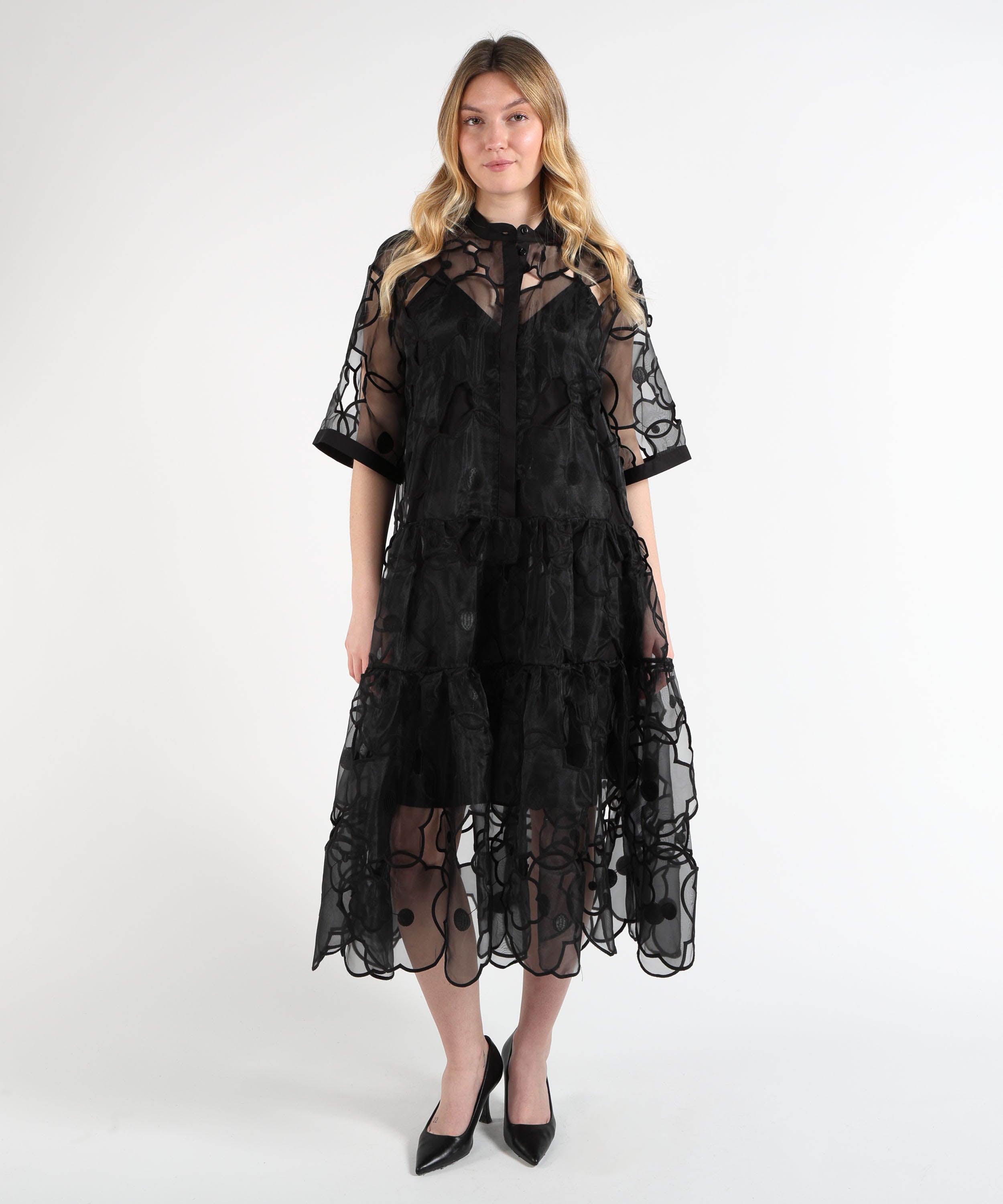 Dresses & Suits MEIMEI Double-Layer Midi Dress with Floral Embroidery Nero | MEIMEI