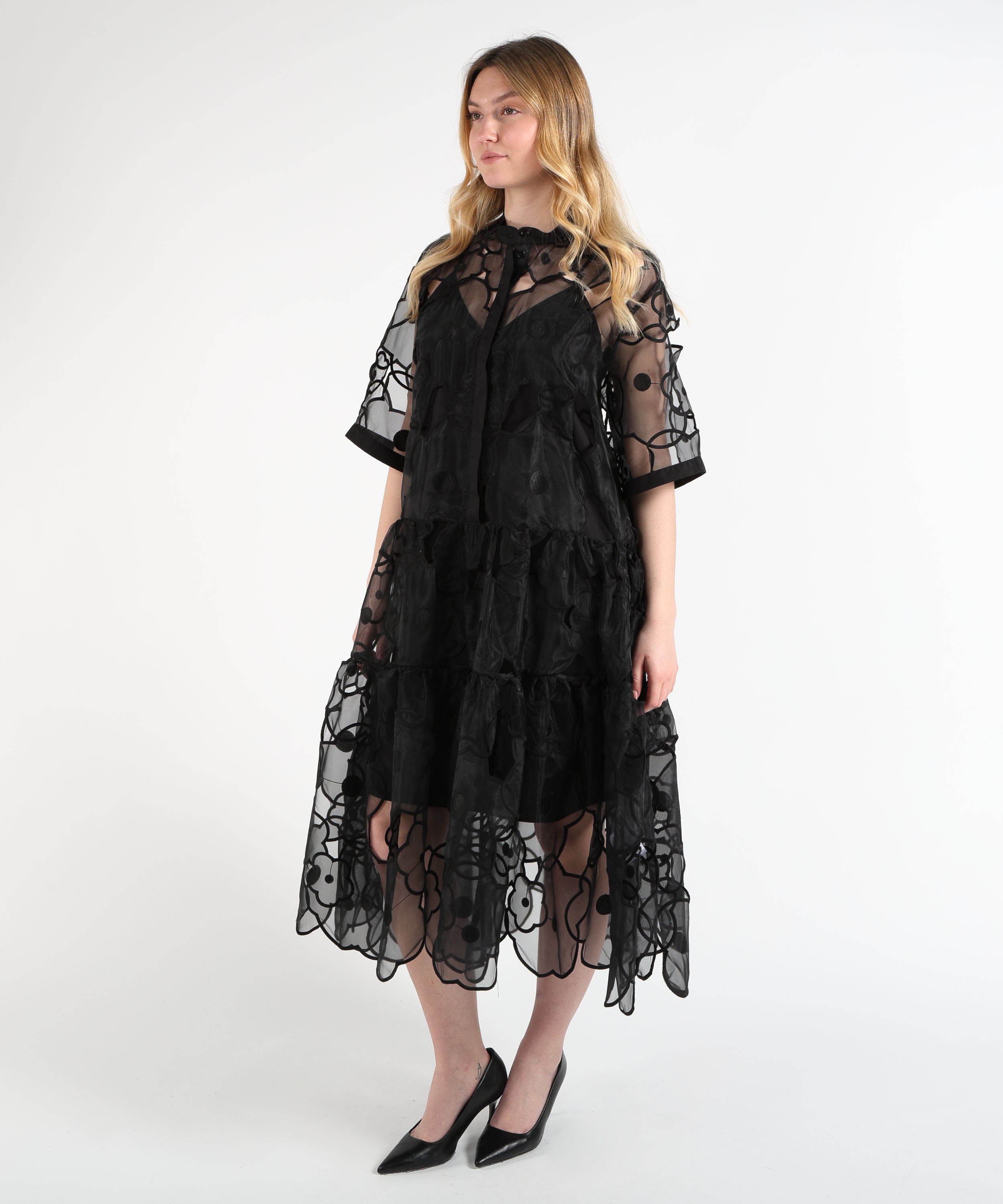 Dresses & Suits MEIMEI Double-Layer Midi Dress with Floral Embroidery Nero | MEIMEI