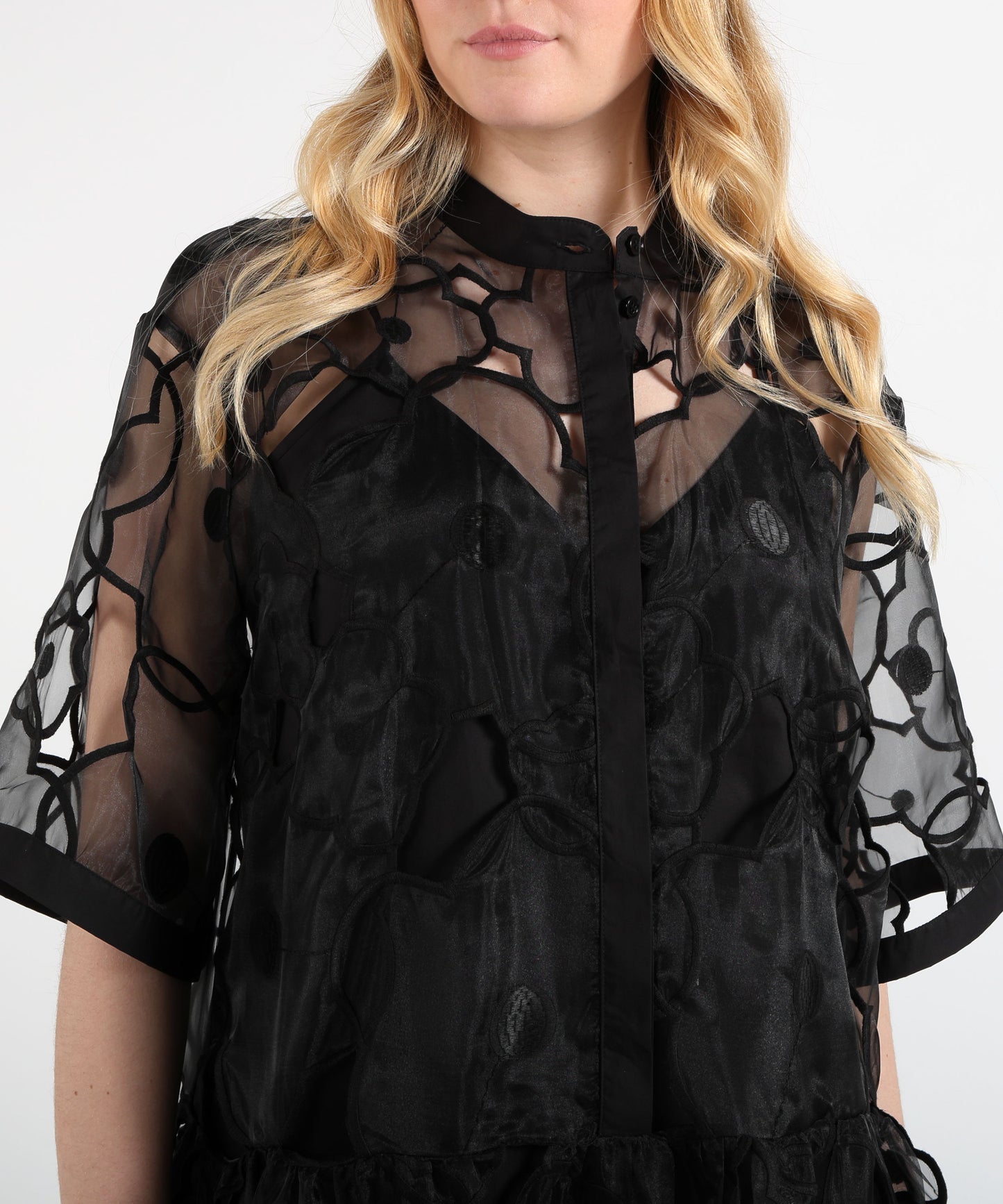 MEIMEI Double-Layer Midi Dress with Floral Embroidery