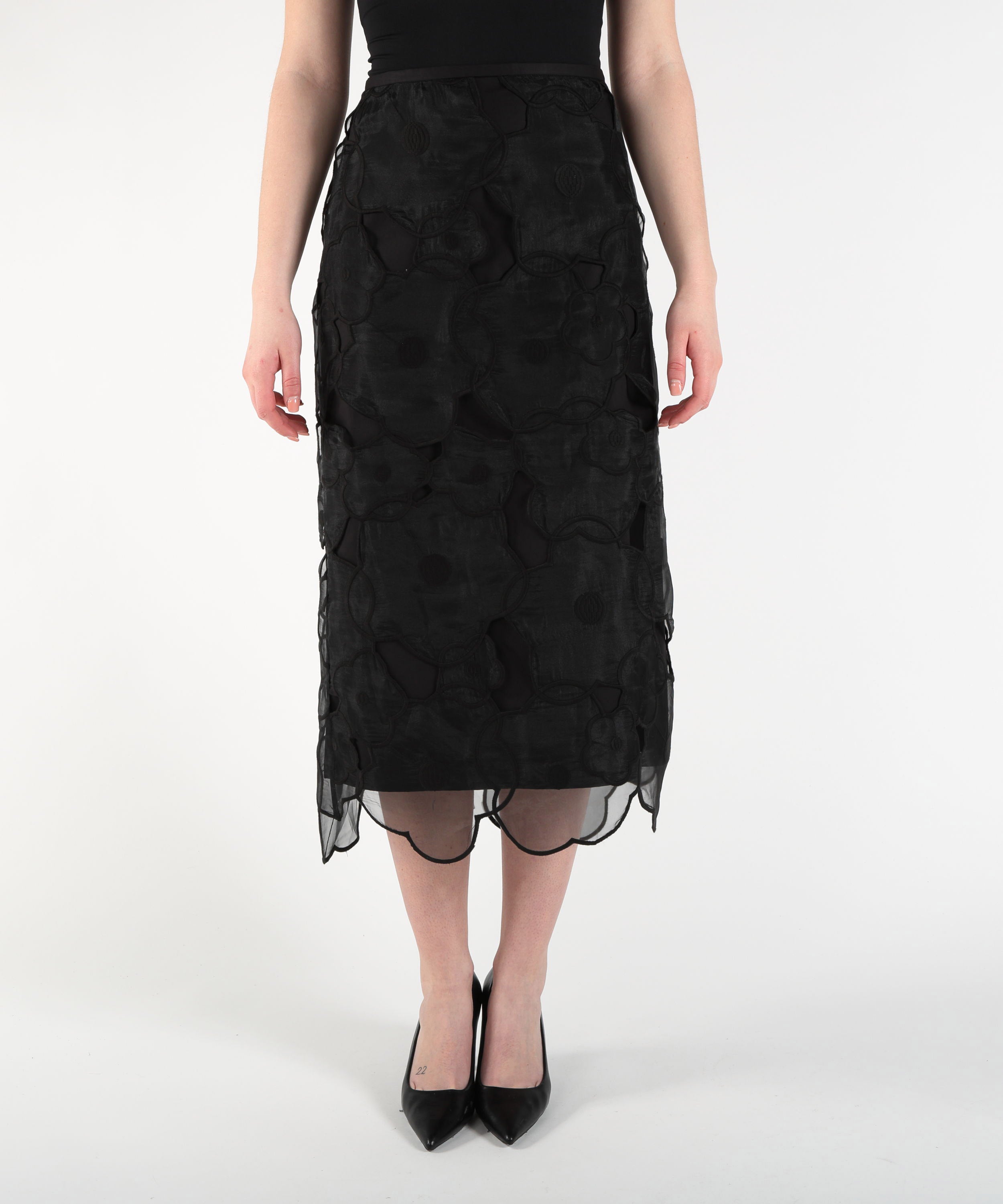 Skirts MEIMEI Double-Fabric Midi Skirt with Floral Embroidery Nero | MEIMEI