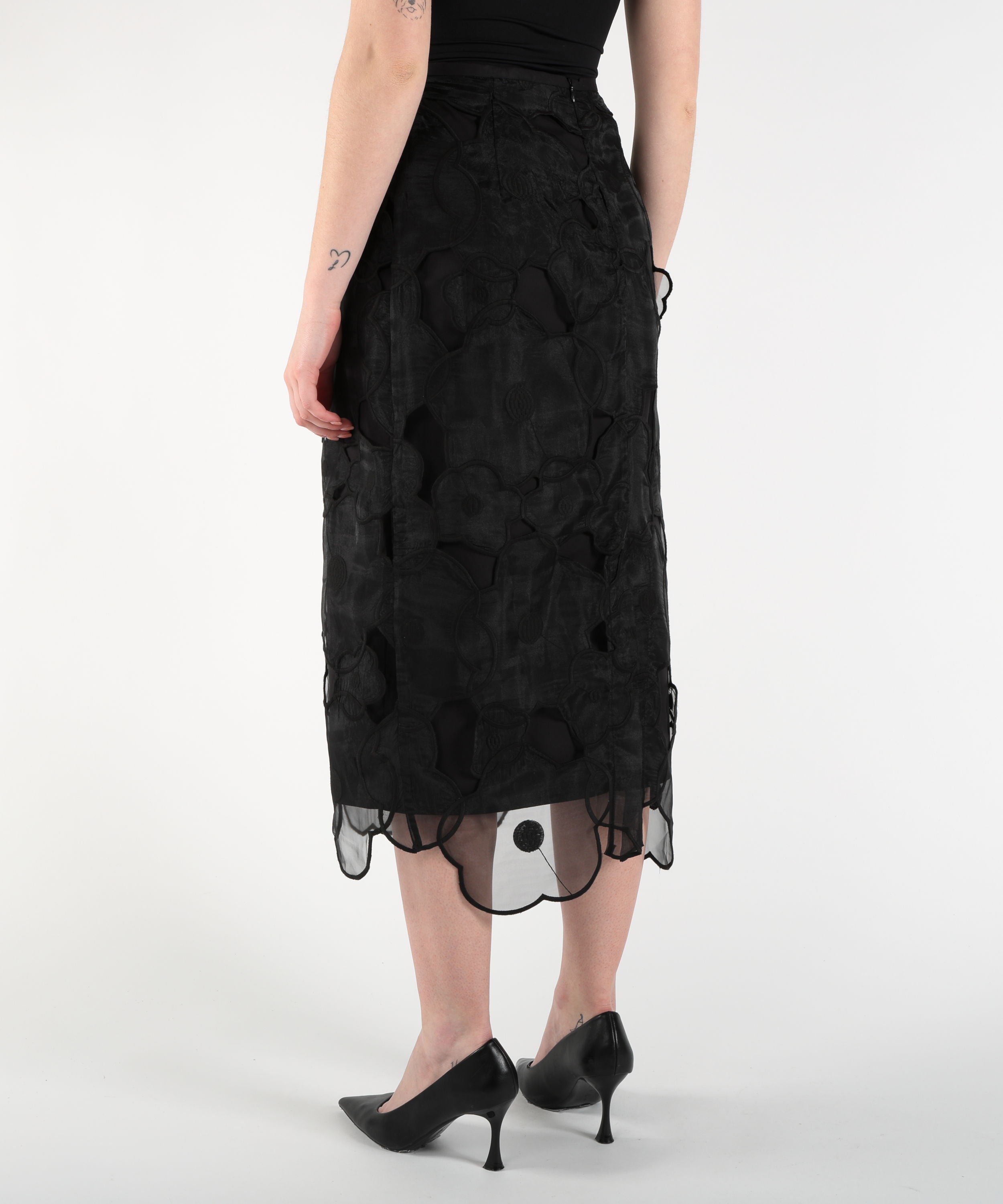 Skirts MEIMEI Double-Fabric Midi Skirt with Floral Embroidery Nero | MEIMEI