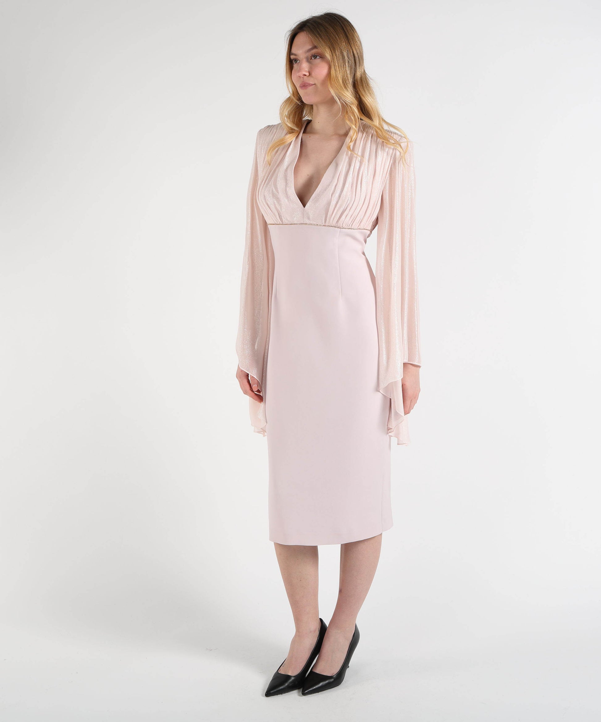 Dresses &amp; Suits D'ANDREA COLLECTION Double-Fabric Midi Dress with Deep Neckline Rosa | D'ANDREA COLLECTION