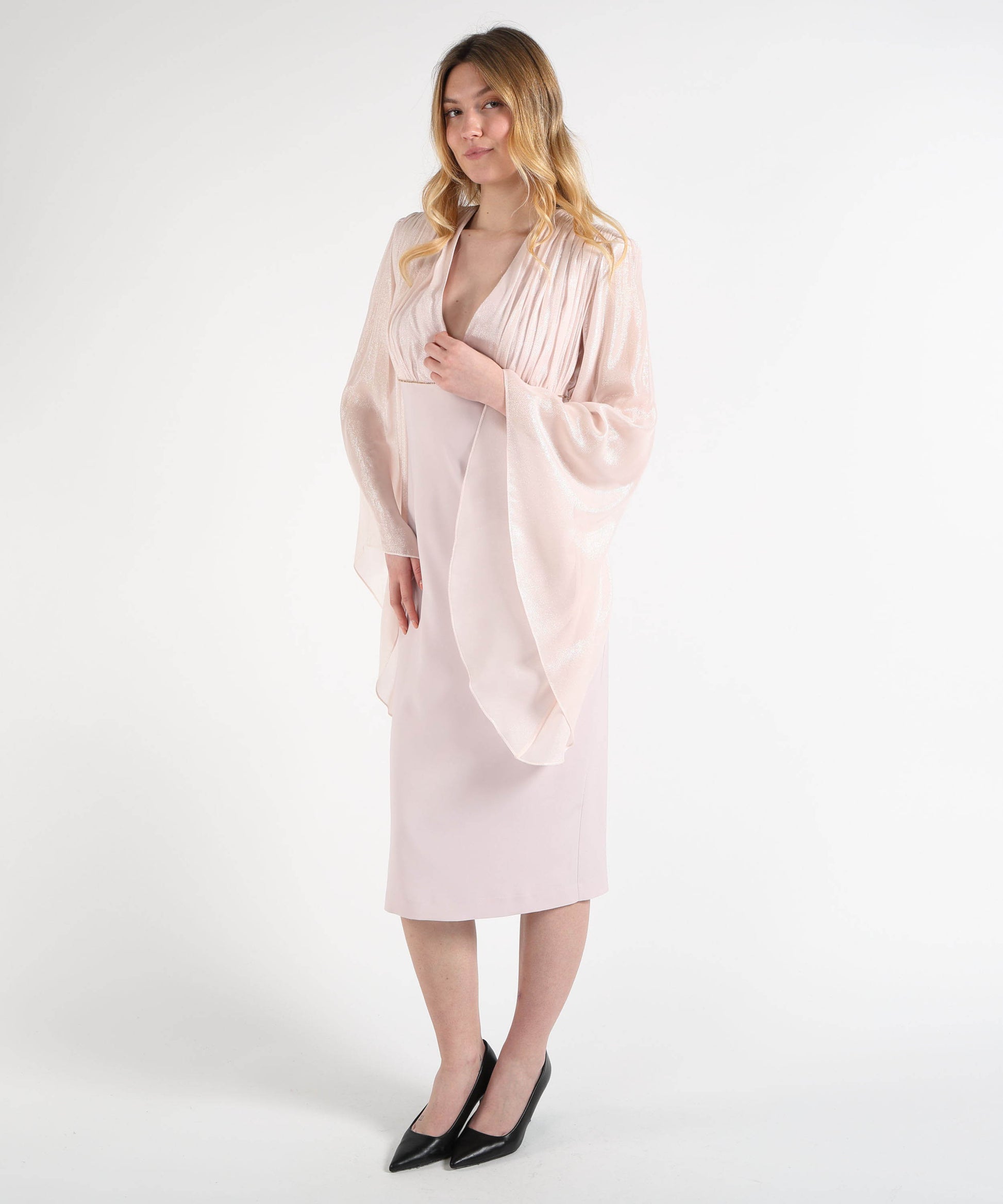 Dresses &amp; Suits D'ANDREA COLLECTION Double-Fabric Midi Dress with Deep Neckline Rosa | D'ANDREA COLLECTION