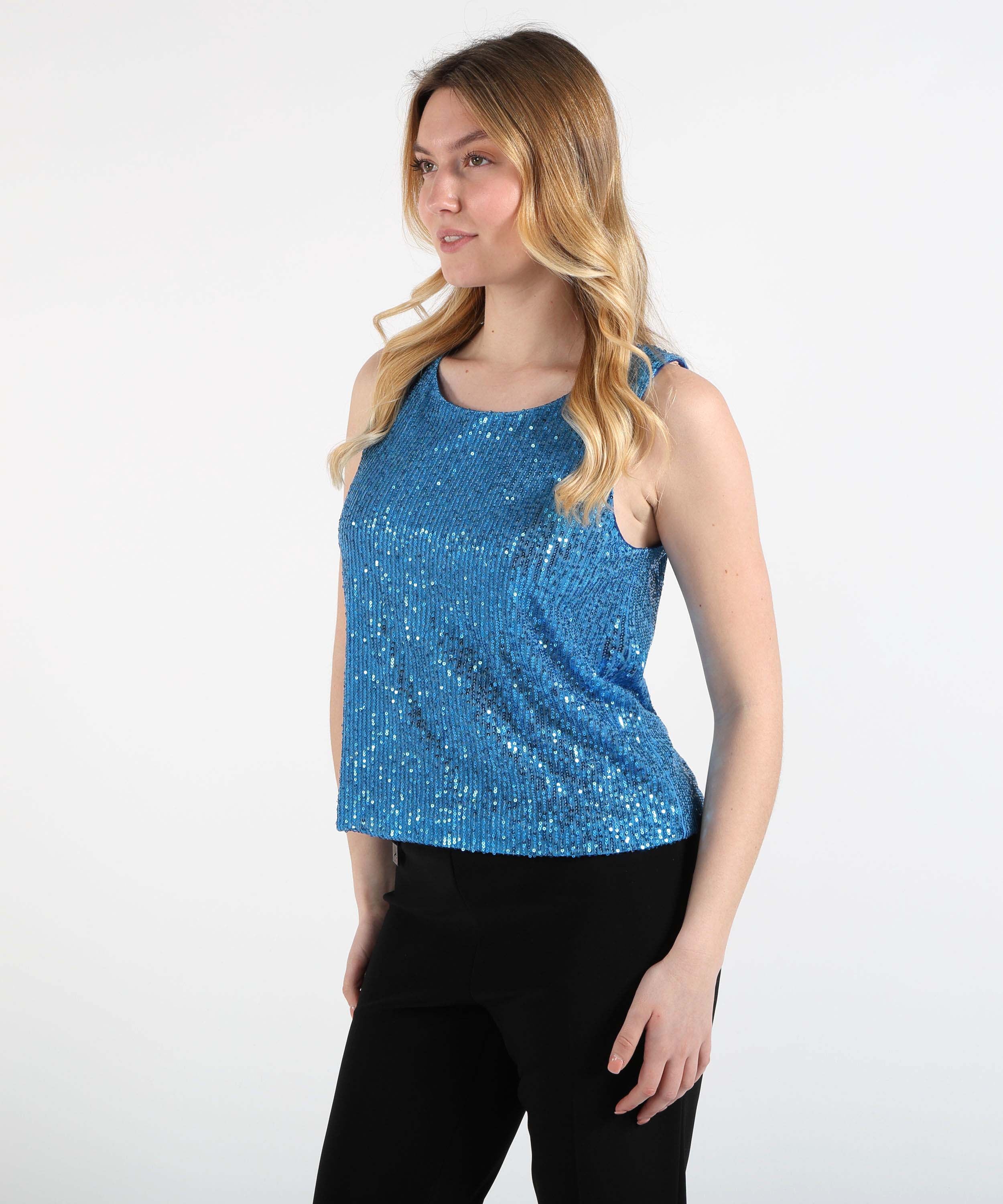 Tops VOLPATO Sequin Crew Neck Tank Top Azzurro | VOLPATO