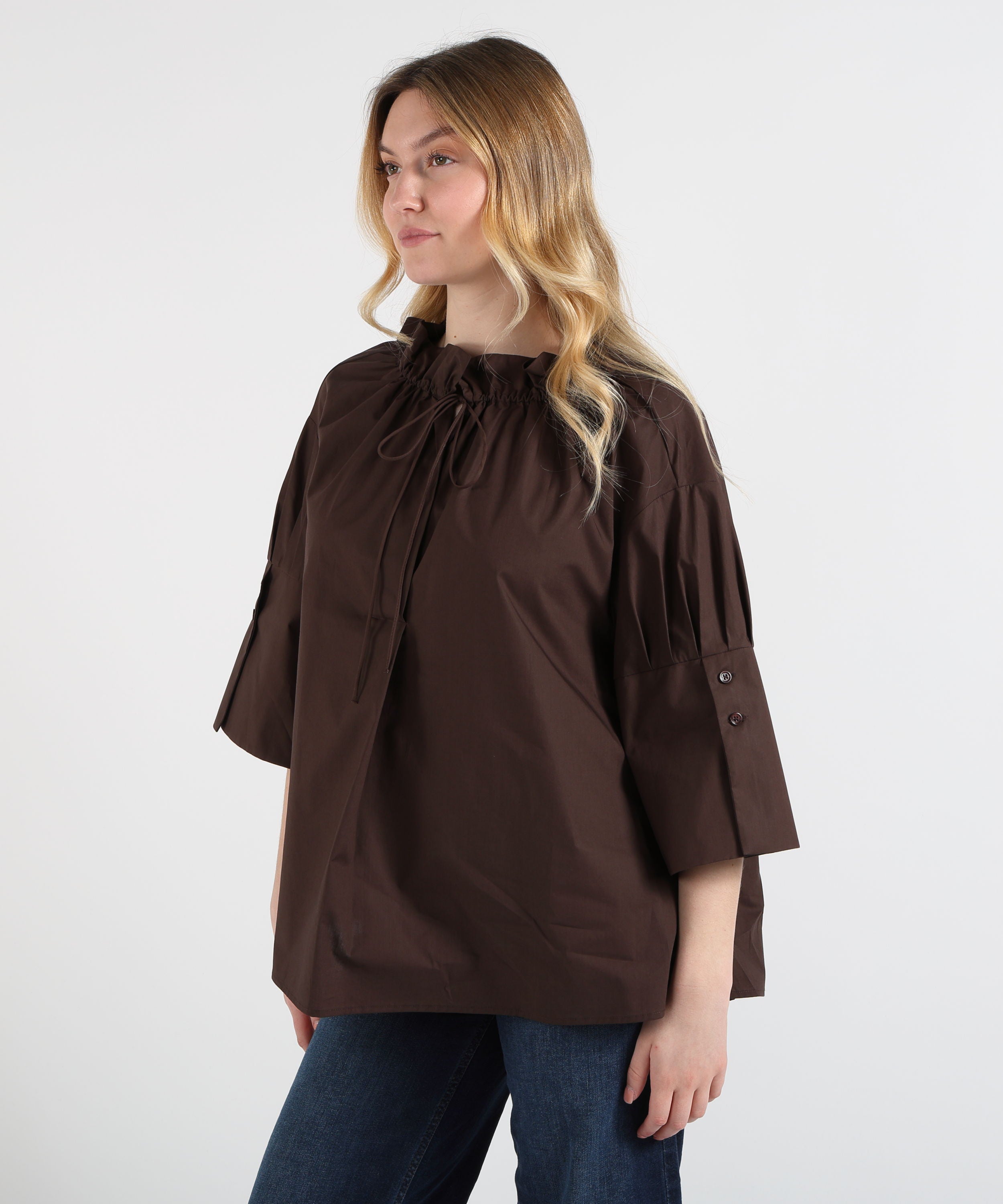 Blouses MEIMEI Oversized Shirt with Wide Sleeves and Neck Tie Marrone | MEIMEI
