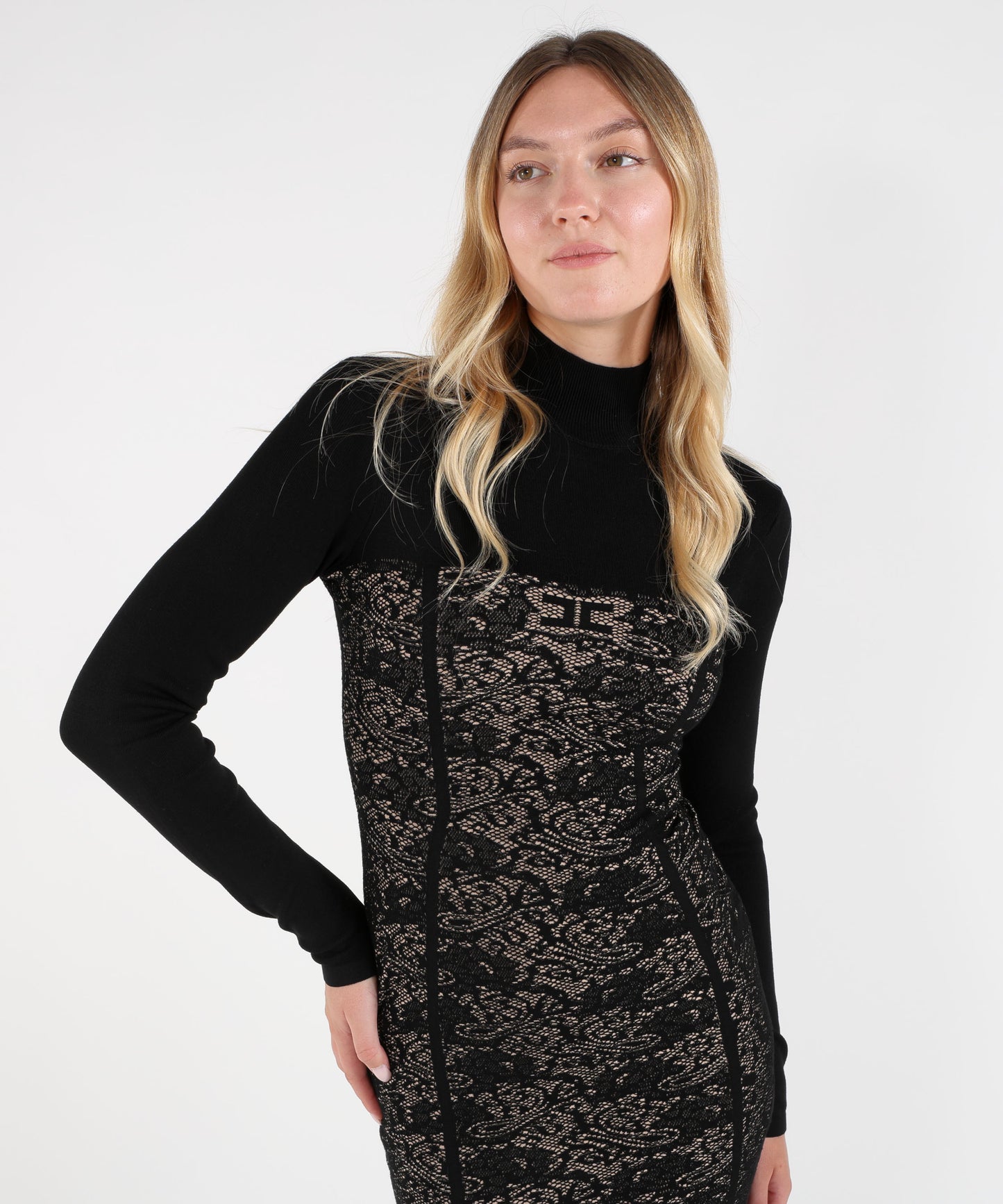 ELISABETTA FRANCHI Black Floral Jacquard Dress