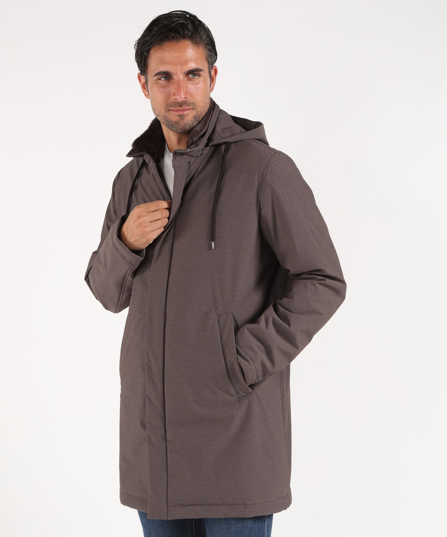 HERNO PARKA RESORT IN NYLON STRETCH EFFETTO MELANGE E LIGHT FAUX FUR