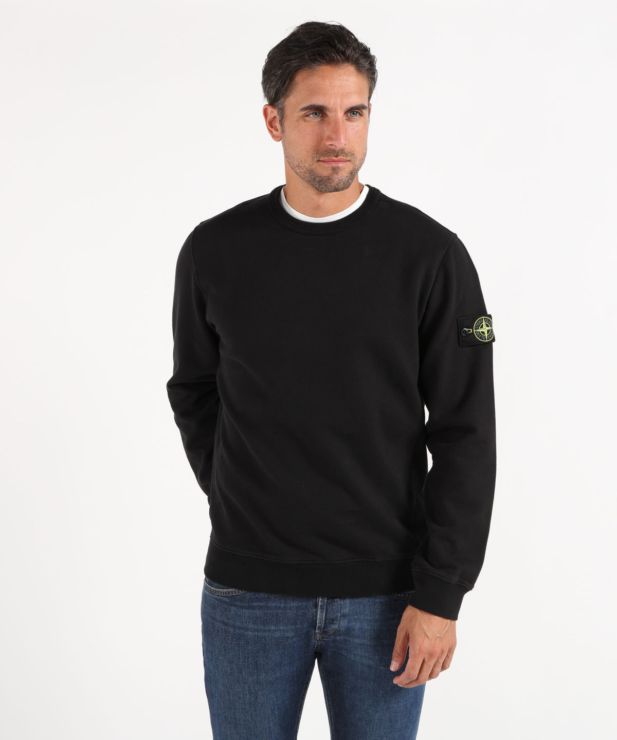 Felpe STONE ISLAND BRUSHED ORGANIC COTTON FLEECE Felpa girocollo vestibilità regular con inserti a costine Nero | STONE ISLAND