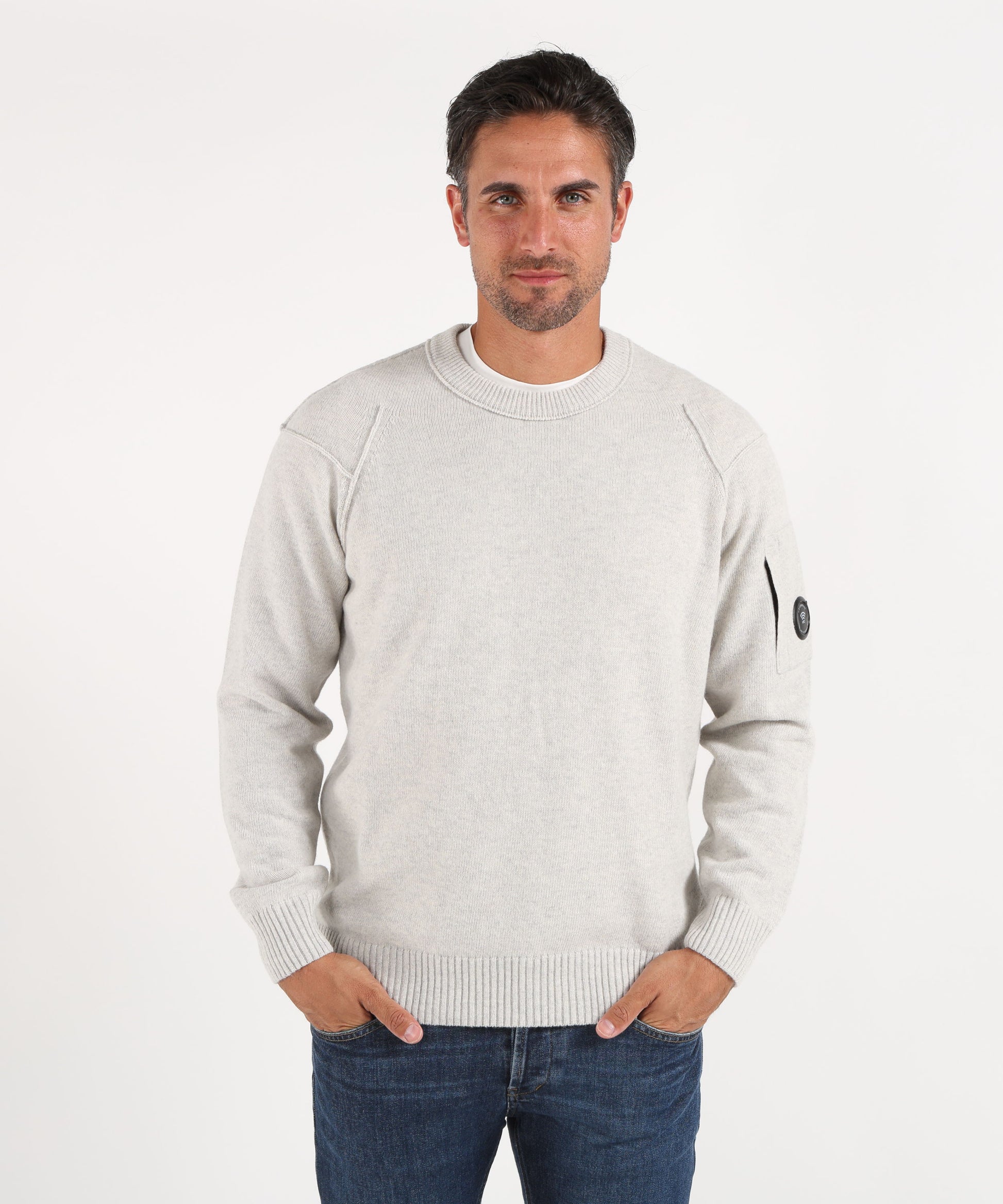 Maglie C.P. COMPANY Lambswool Lens Crewneck Contrast Sweater Ghiaccio | C.P. COMPANY