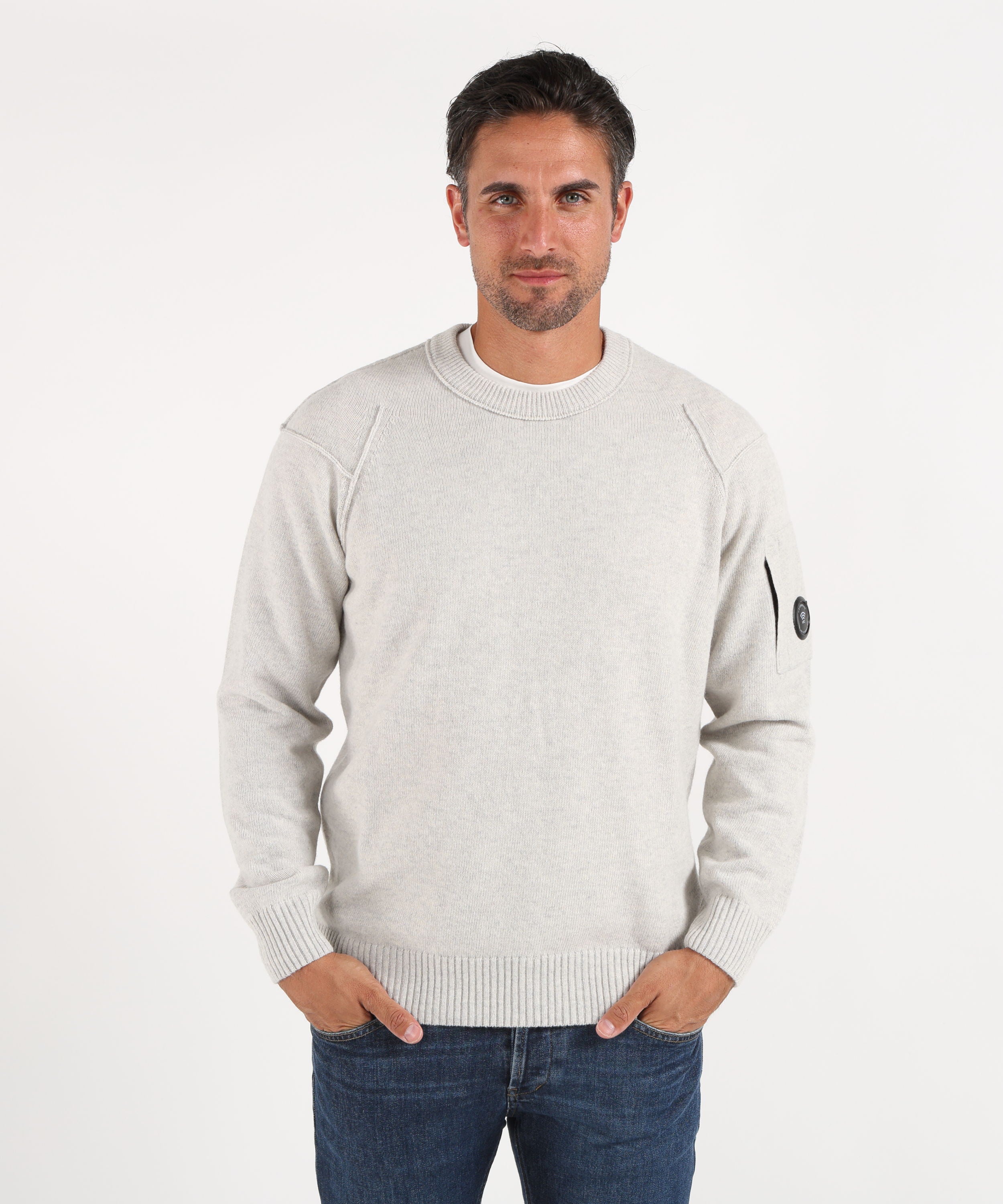 Maglie C.P. COMPANY Lambswool Lens Crewneck Contrast Sweater Ghiaccio | C.P. COMPANY