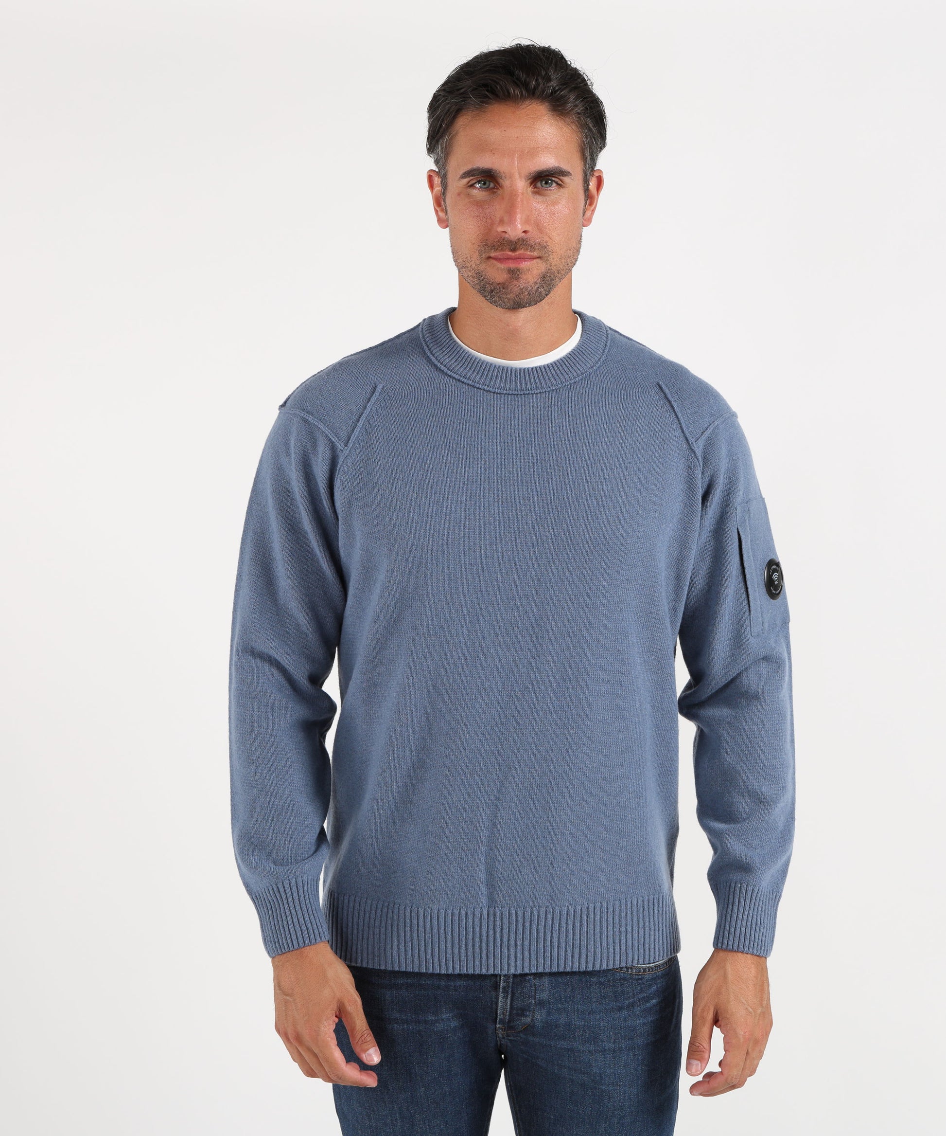 Maglie C.P. COMPANY Lambswool Lens Crewneck Contrast Sweater Cobalto | C.P. COMPANY