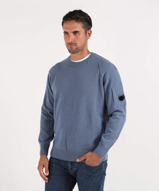 Maglie C.P. COMPANY Lambswool Lens Crewneck Contrast Sweater Cobalto | C.P. COMPANY