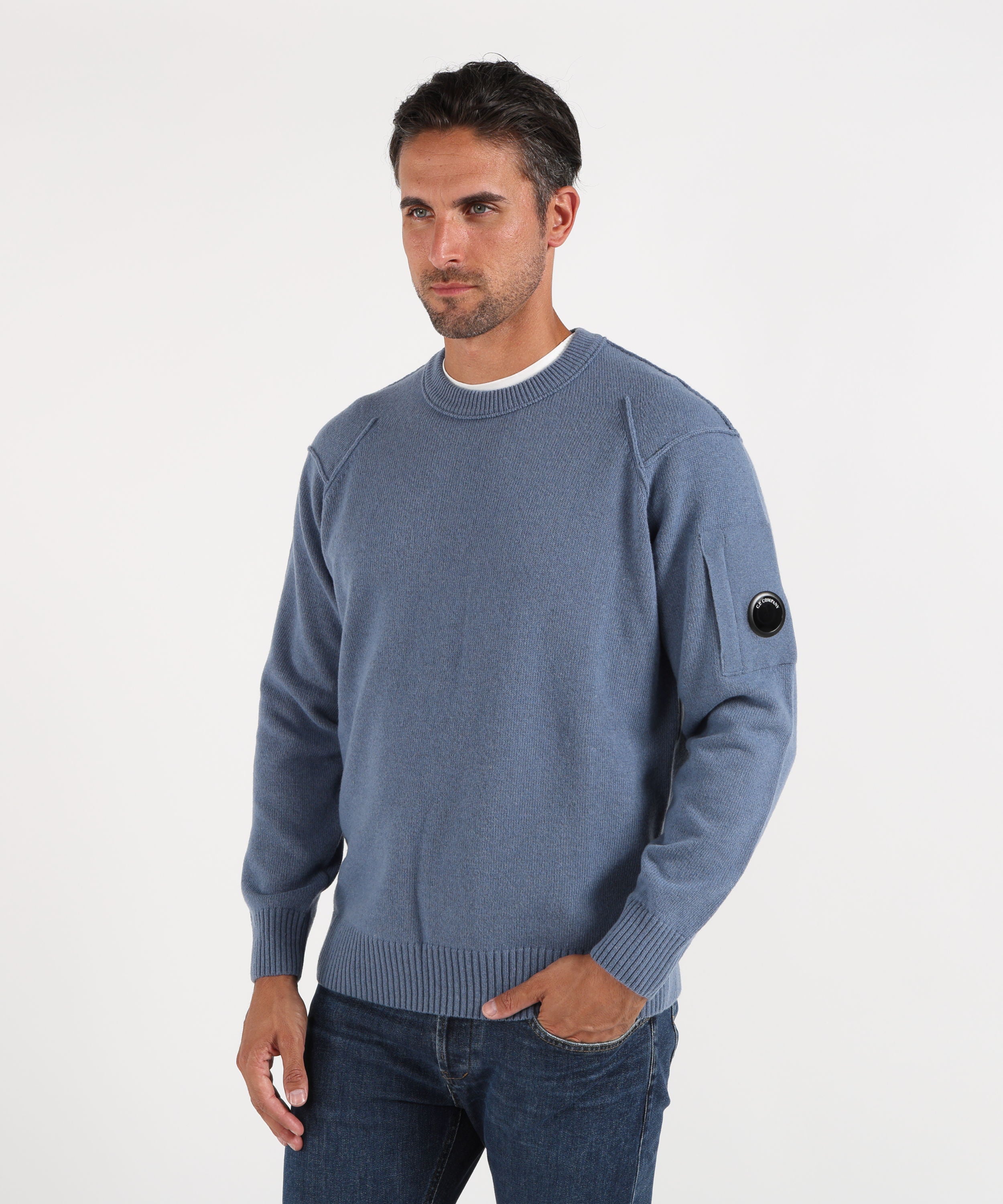 Maglie C.P. COMPANY Lambswool Lens Crewneck Contrast Sweater Cobalto | C.P. COMPANY