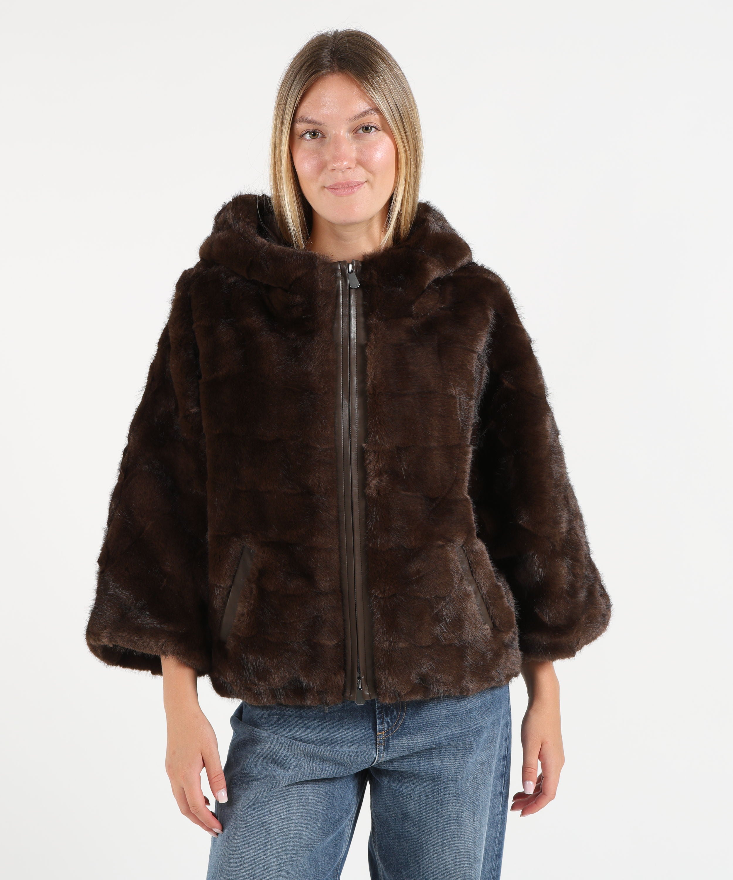 Cappe PINKO Giacca blouson effetto pelliccia con cappuccio Marrone | PINKO