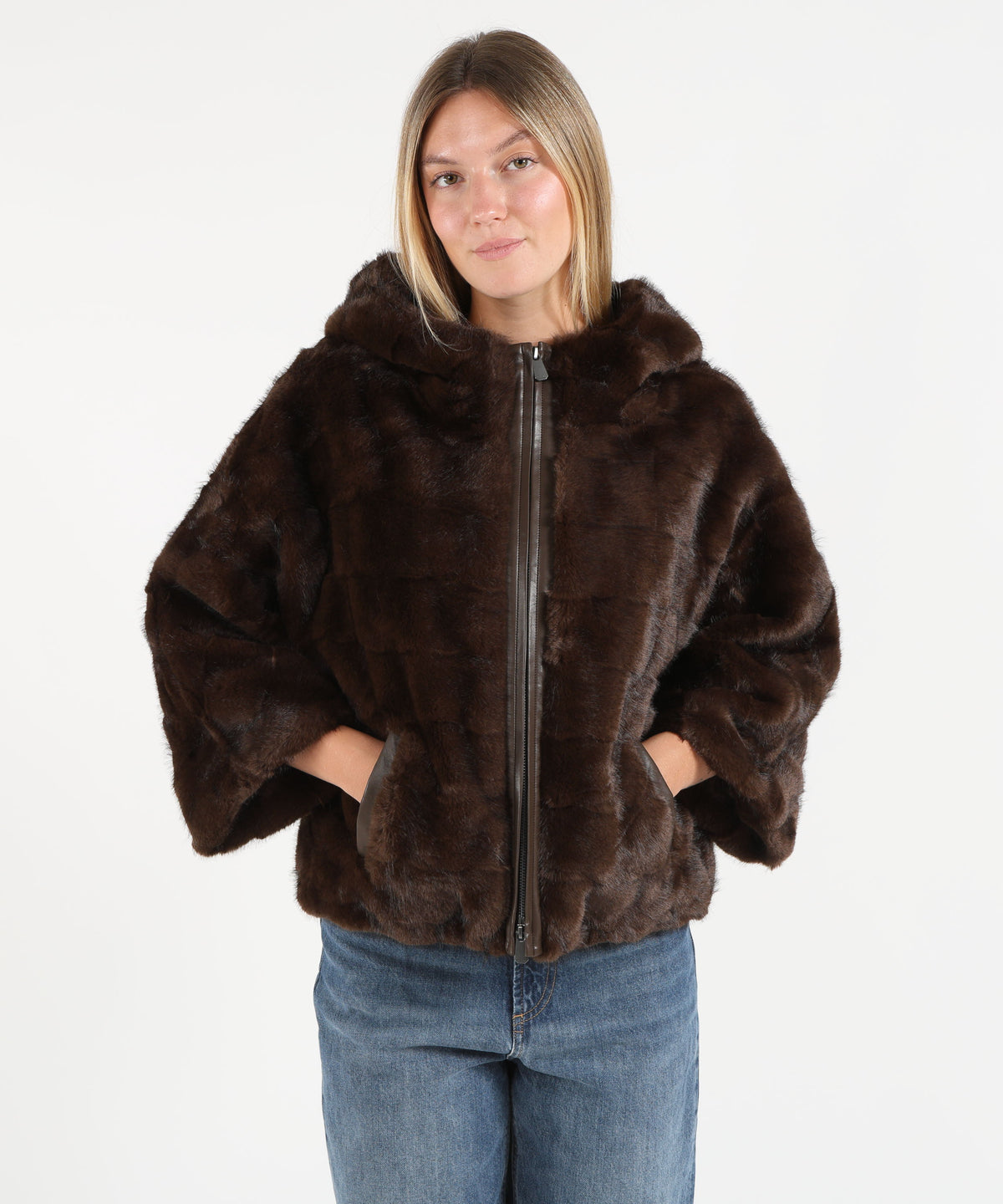 Cloaks PINKO Faux Fur Hooded Blouson Jacket Marrone | PINKO
