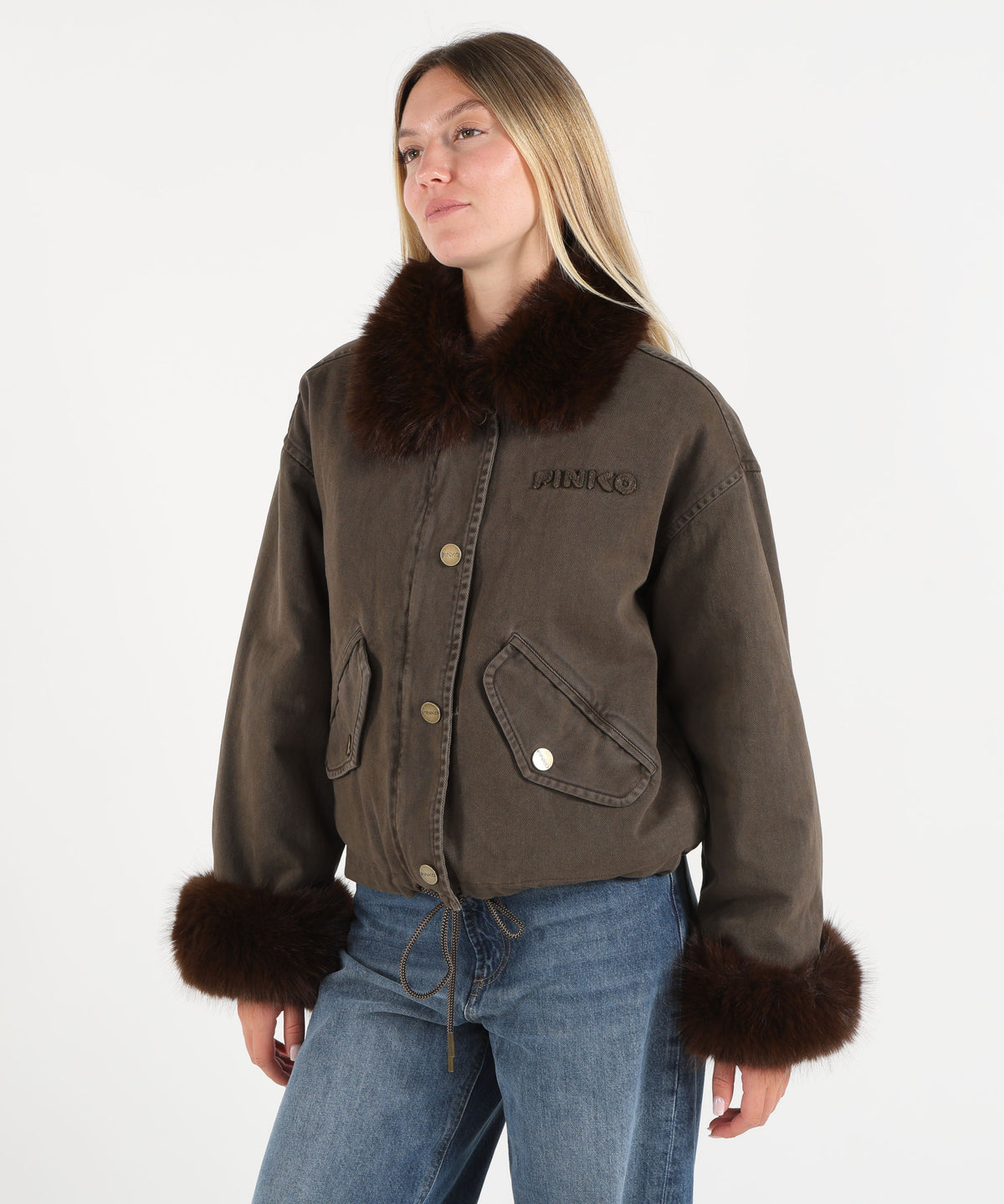 Light Jackets PINKO Cotton Pea Coat with Faux Fur Details Marrone | PINKO