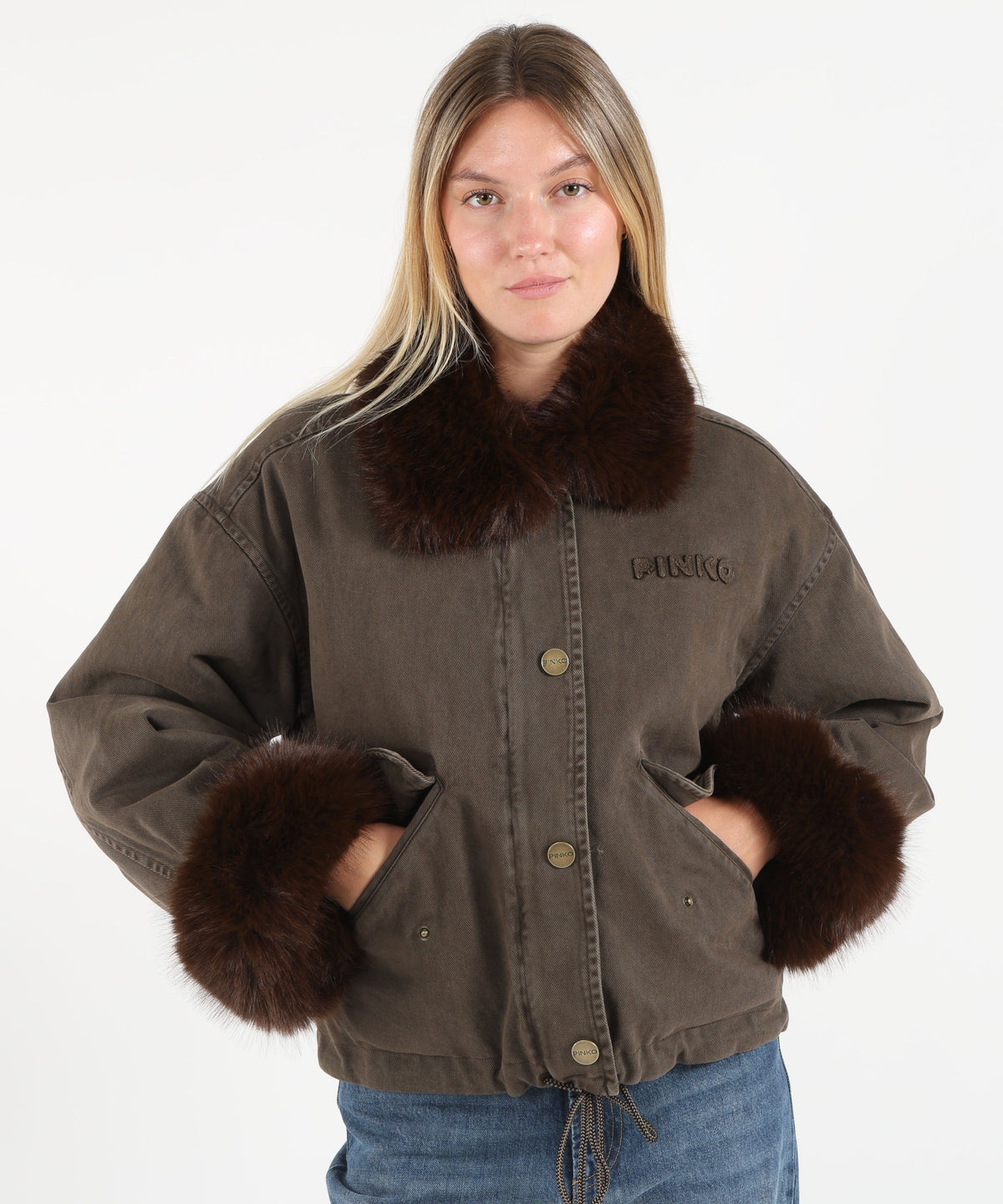 Light Jackets PINKO Cotton Pea Coat with Faux Fur Details Marrone | PINKO