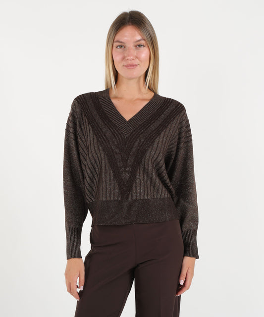 Knitwear D.EXTERIOR Women’s Oversized V-Neck Sweater with Lurex Thread Cioccolato | D.EXTERIOR